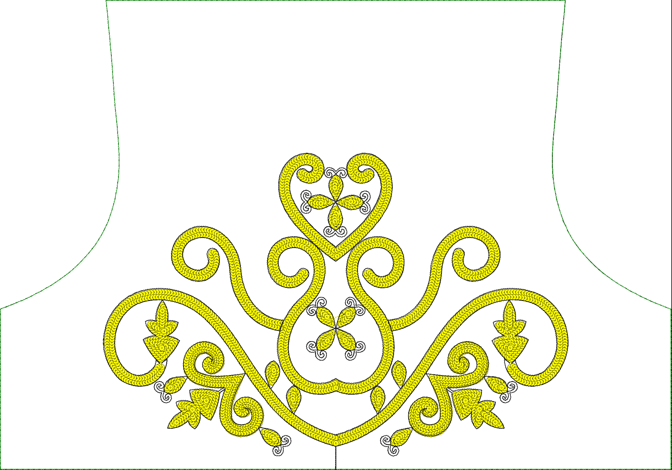 Embroidery design: A yellow and black symmetrical ornamental embroidery design featuring intricate scrollwork with floral and leaf motifs.