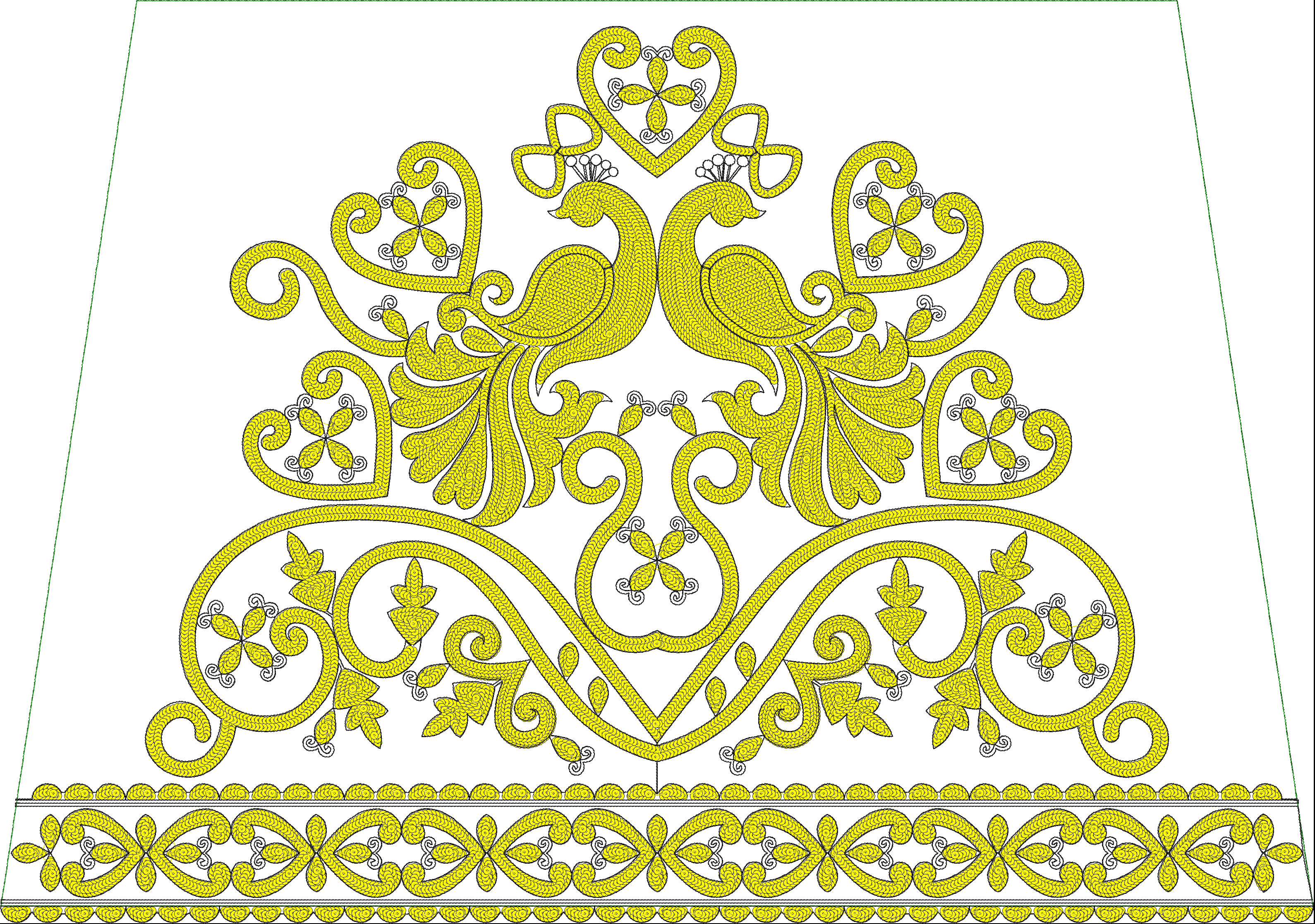 Embroidery design: An ornamental embroidery design featuring two symmetrical yellow peacocks with scrolling vine and floral motifs, and a d