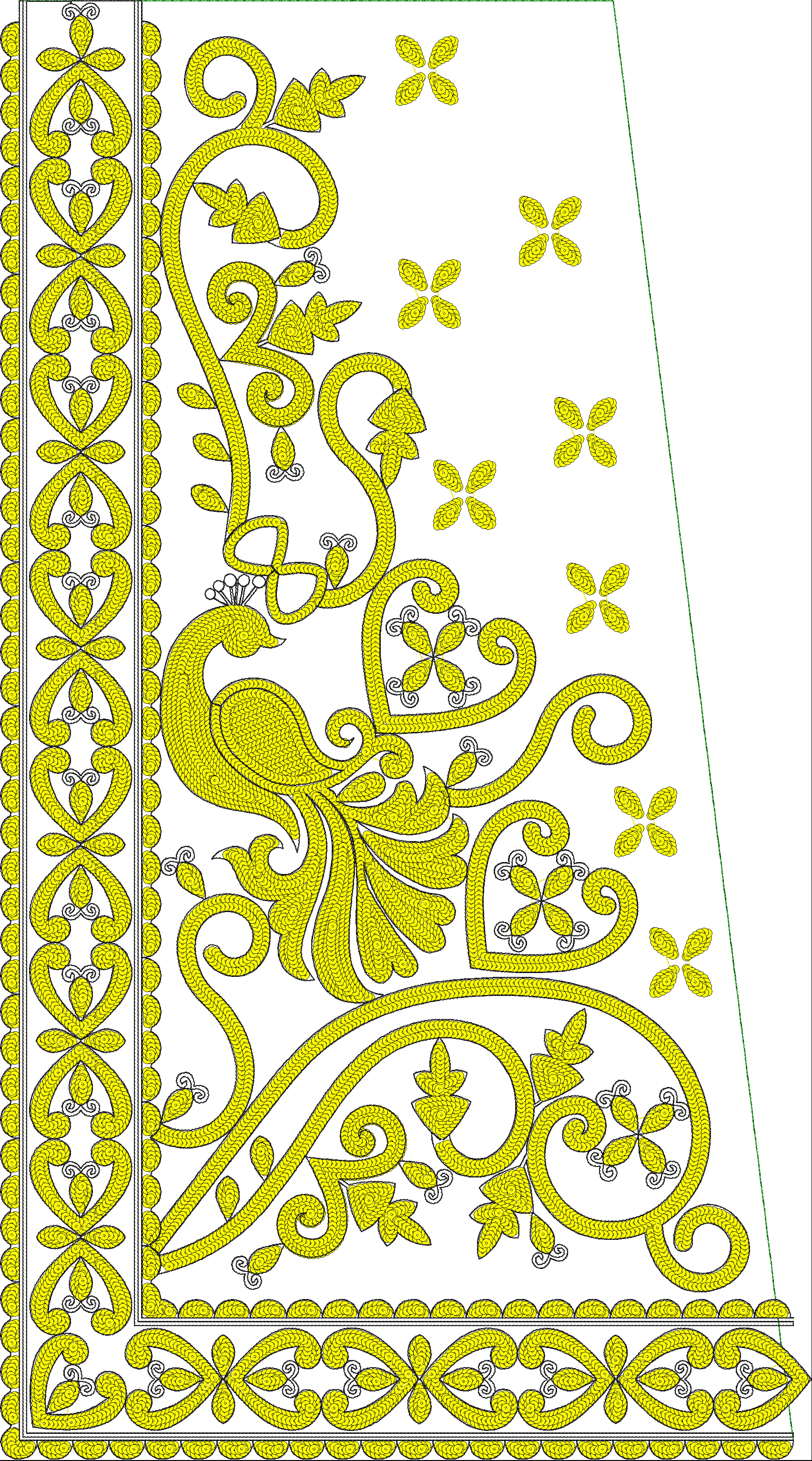 Embroidery design: A traditional and ornamental embroidery design featuring a peacock amidst elaborate scrollwork, vines, and floral motifs
