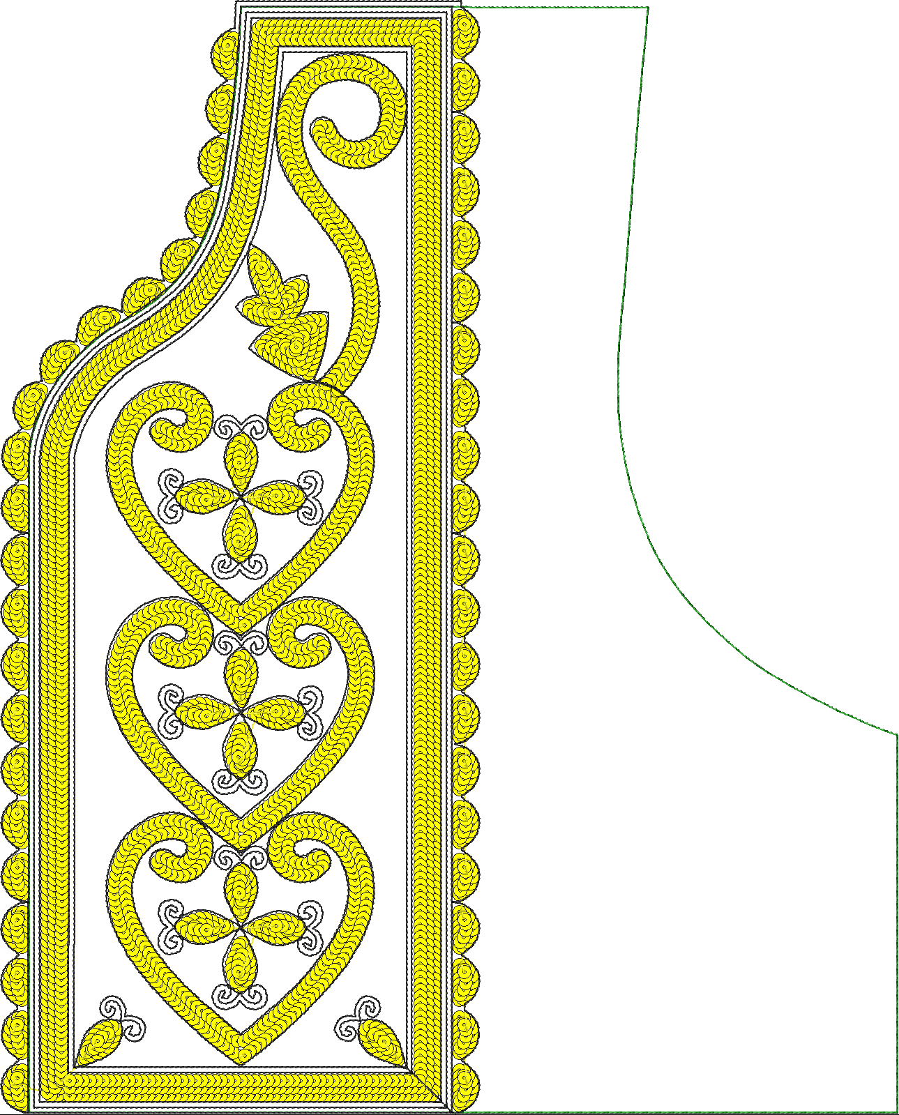 Embroidery design: An ornamental and decorative embroidery design featuring three stacked heart motifs interconnected with scrollwork, fram