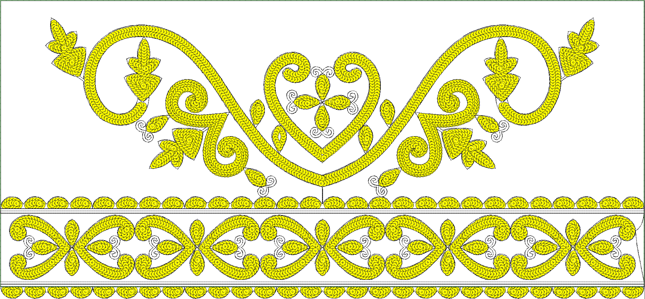 Embroidery design: A decorative embroidery border design featuring yellow scrollwork and floral motifs with black outlines and gray detaili
