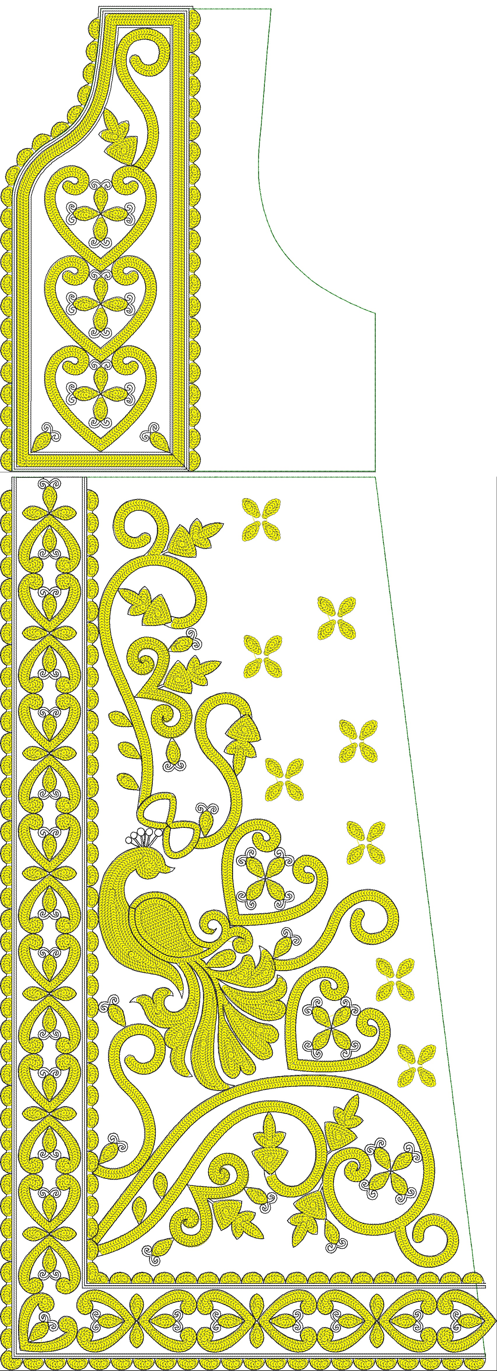 Embroidery design: An embroidery design featuring a yellow peacock with intricate scrollwork, floral motifs, and decorative borders. The de