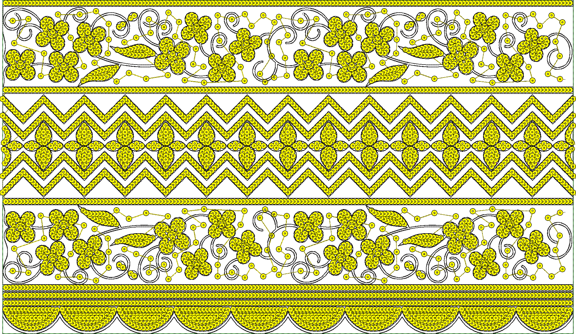 Embroidery design: A decorative border design featuring repeating yellow floral and geometric patterns with black outlines and a white back