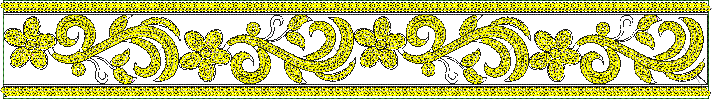 Embroidery design: A symmetrical yellow floral and scrollwork border design with green accents and a white background, suitable for decorat