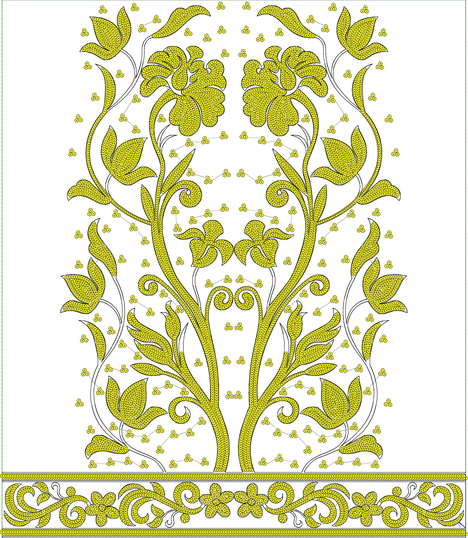 Embroidery design: A symmetrical and mirrored yellow floral embroidery design with intricate vines, leaves, and flowers, featuring a separa