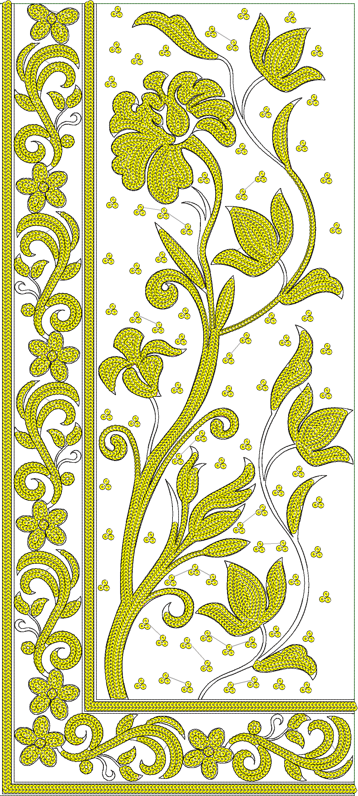 Embroidery design: A yellow embroidery design featuring a vertical border on the left and a central motif of scrolling vines with stylized 