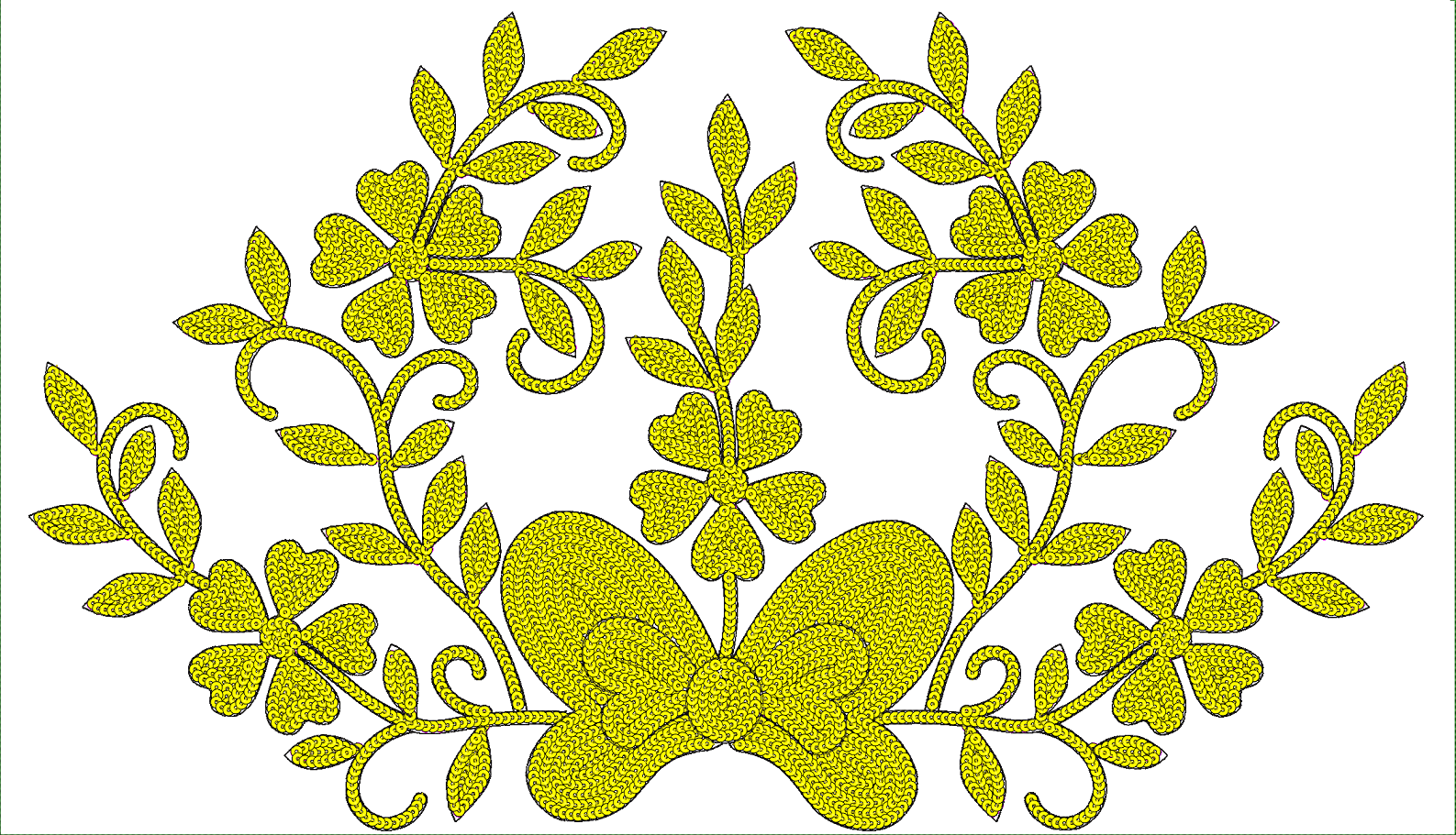Embroidery design: A yellow embroidery design featuring a central bow with symmetrical floral and leaf motifs extending outwards.