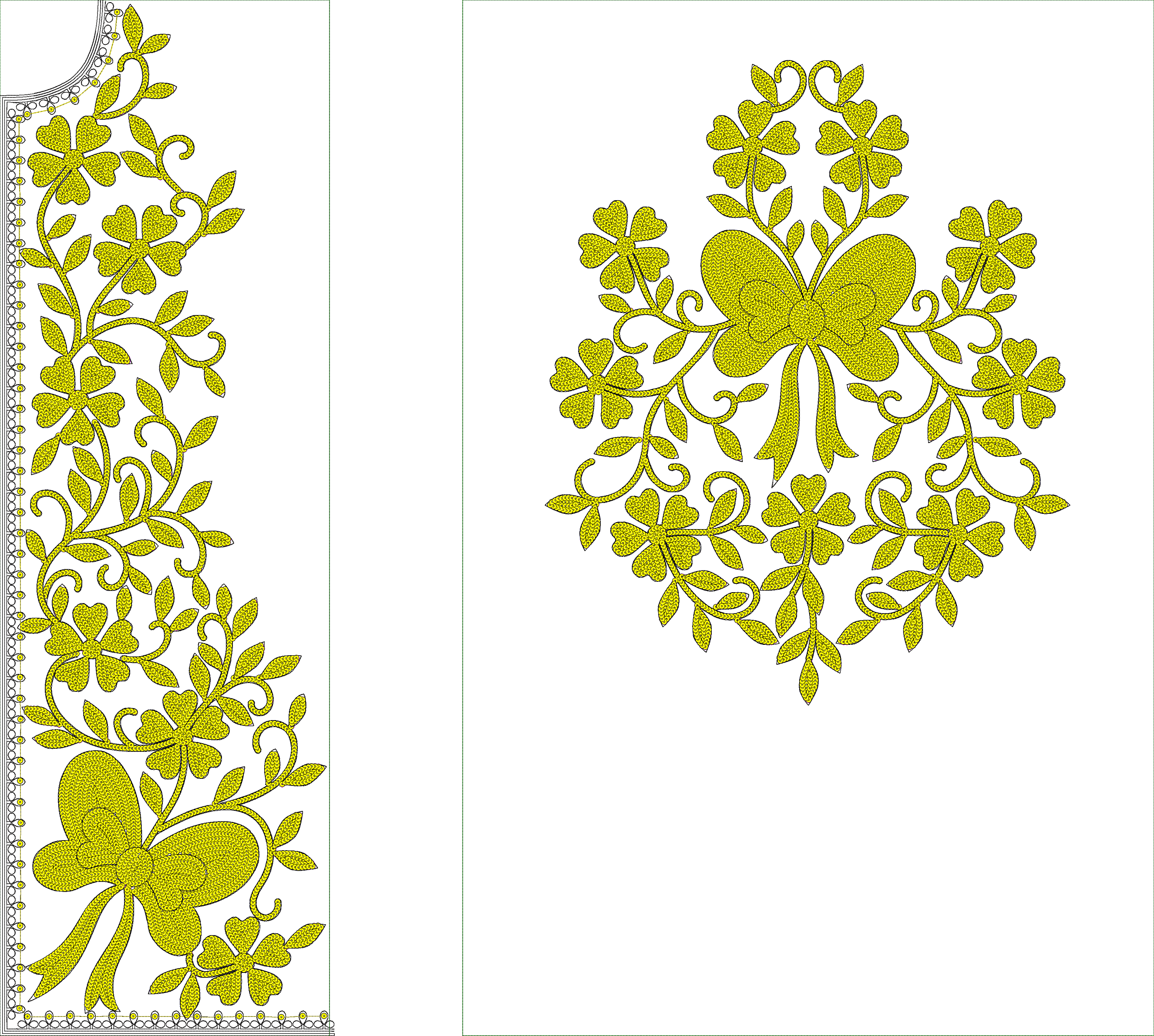 Embroidery design: An embroidery design featuring yellow floral and vine motifs with a bow, a decorative border, and a neckline accent. The