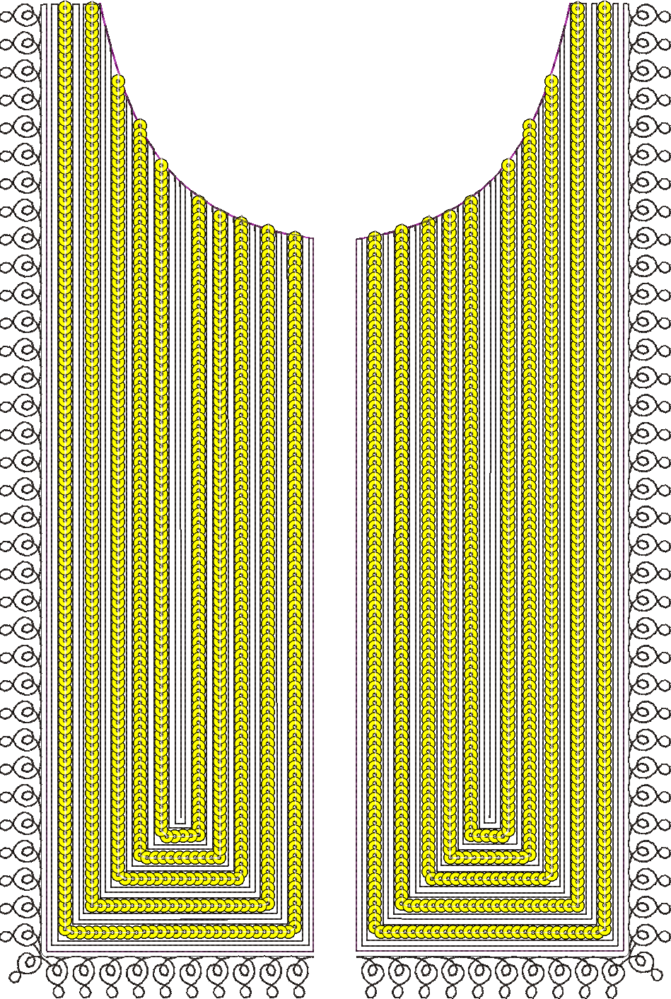 Embroidery design: A decorative, symmetrical neckline embroidery design in yellow and black with ethnic geometric patterns, featuring repea