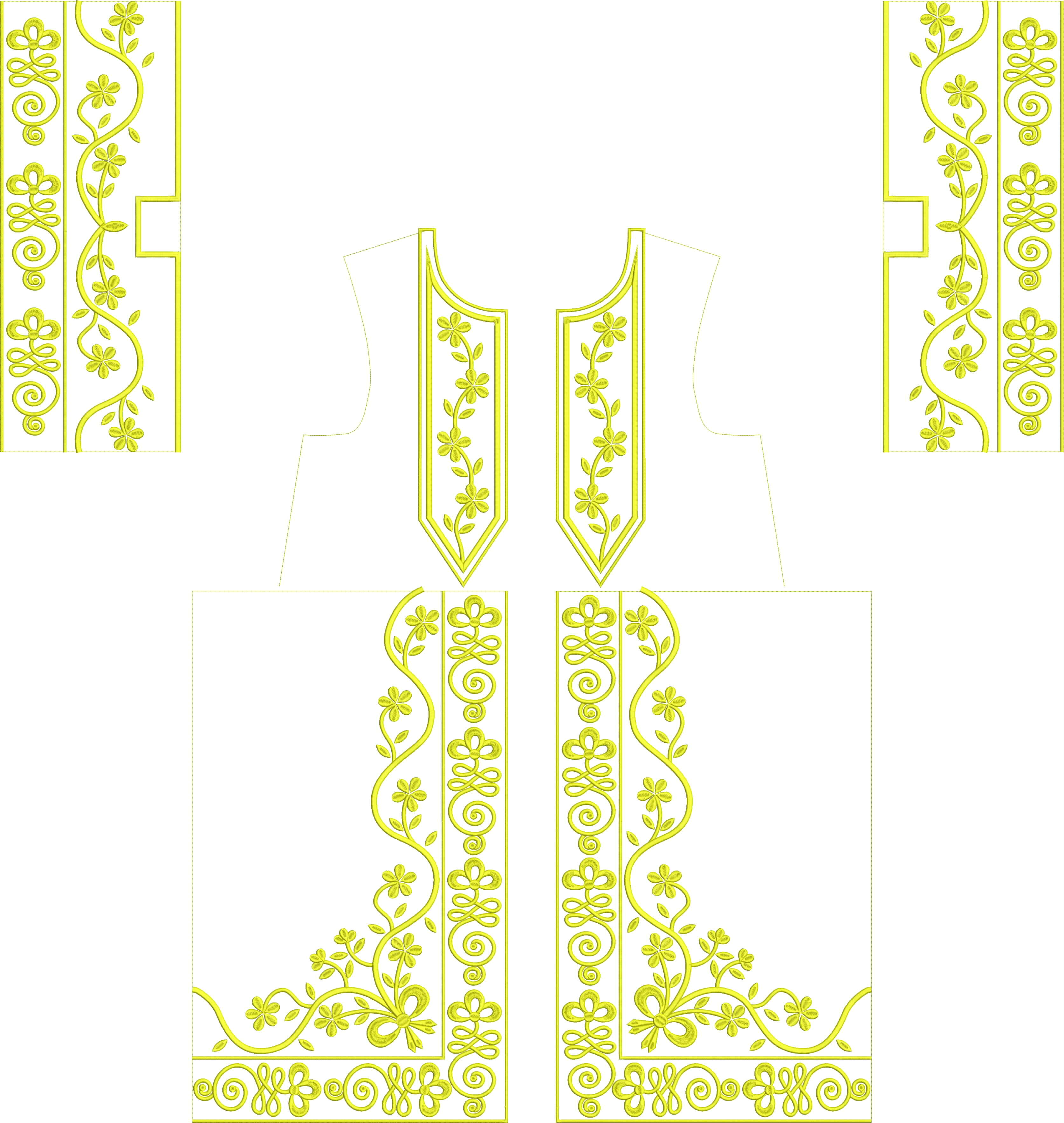 Embroidery design: A yellow embroidery design featuring a repeating floral and vine pattern with scrollwork, forming a decorative border.
