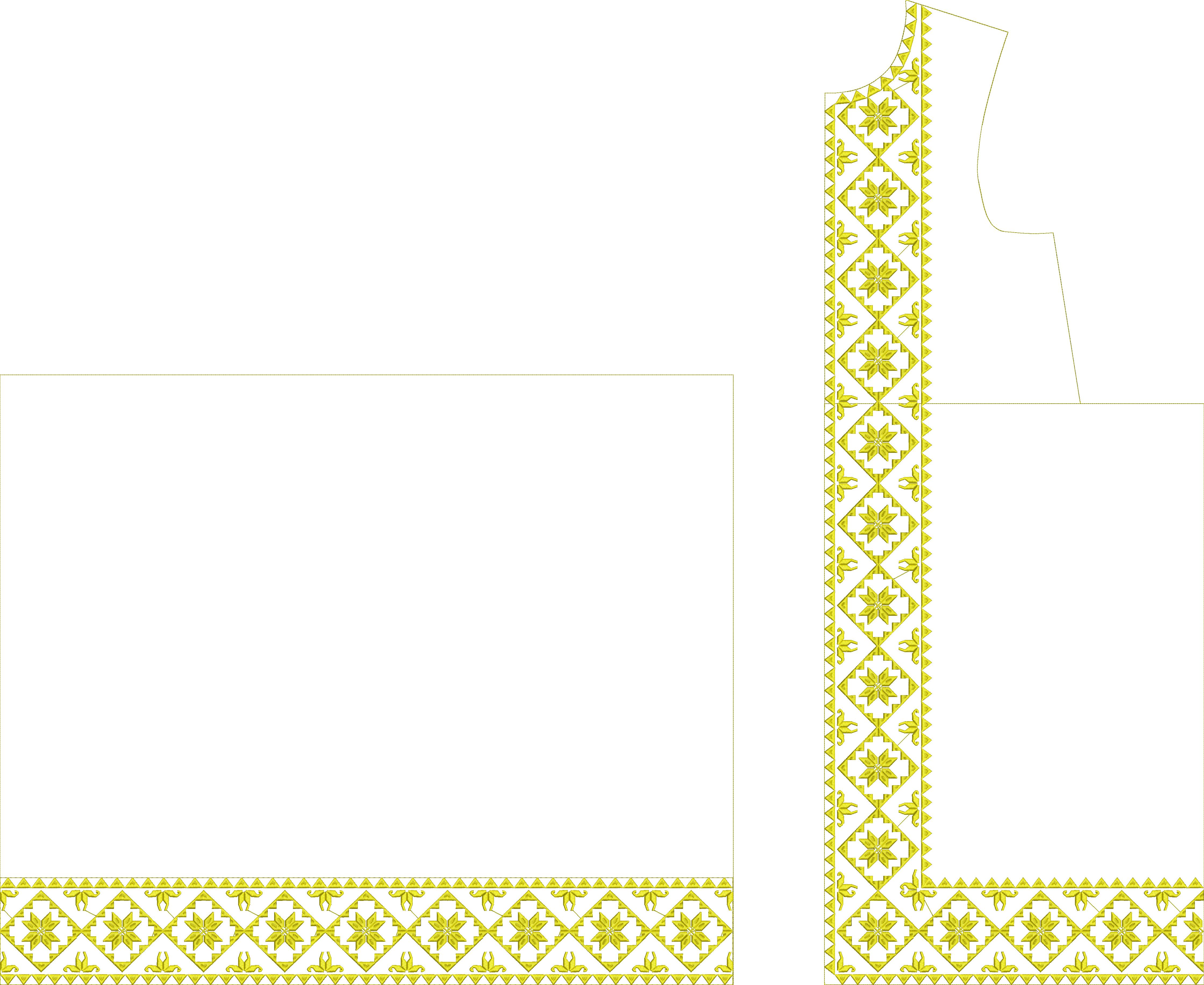 Embroidery design: A yellow embroidery design featuring a repeating geometric border pattern with traditional and ethnic influences. The pa