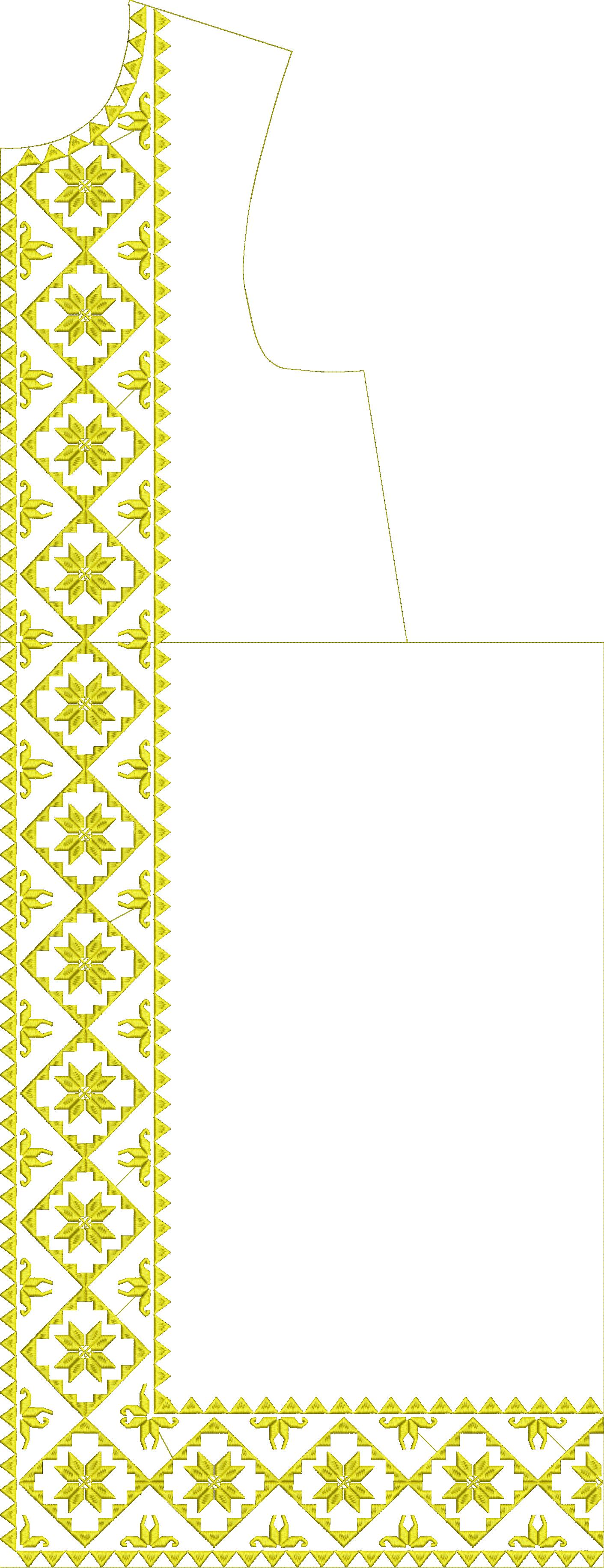 Embroidery design: A decorative embroidery design featuring a yellow geometric border with repeating diamond motifs and traditional ethnic 
