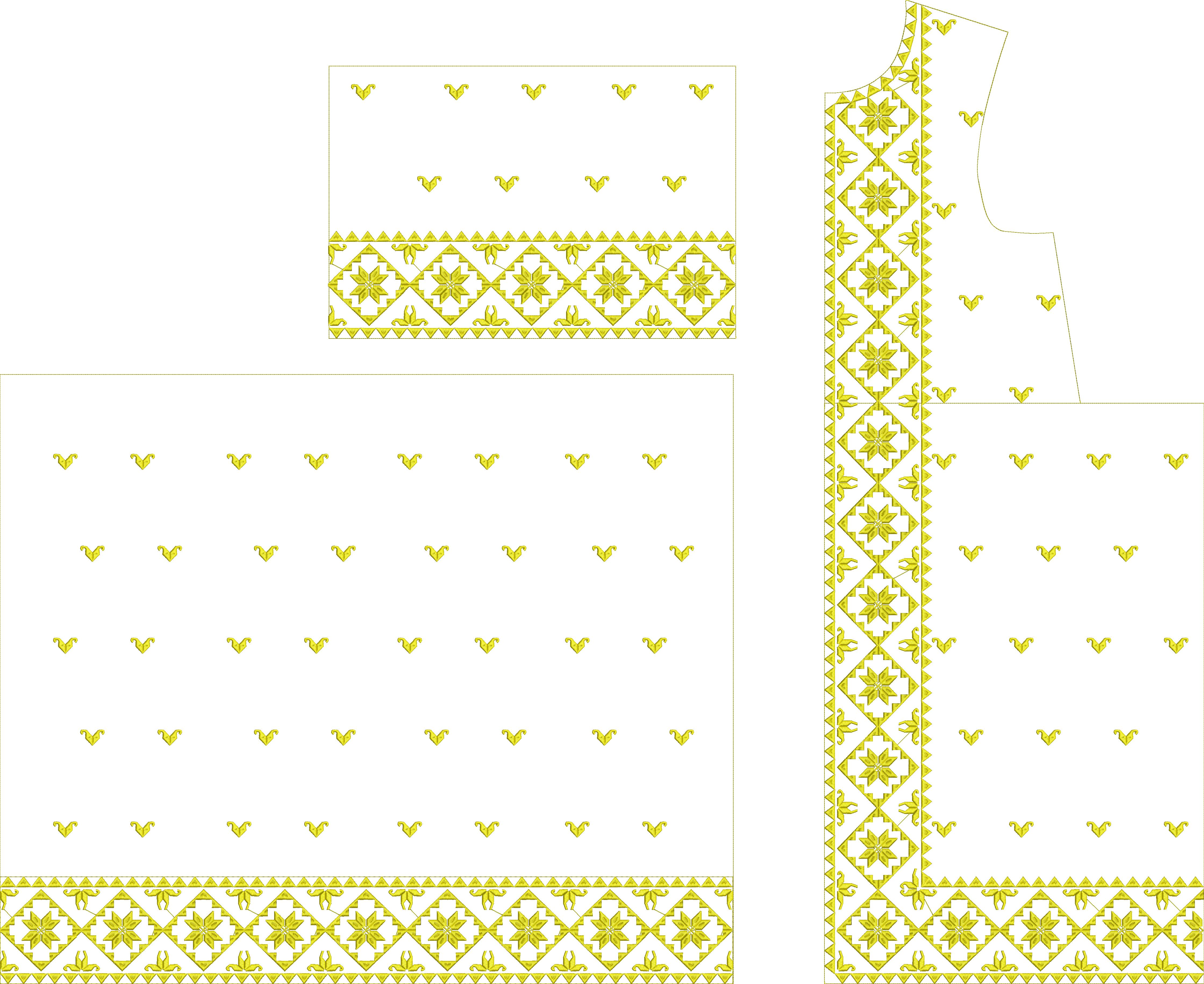 Embroidery design: An embroidery design featuring a repeating pattern of stylized motifs and a decorative geometric and floral border, suit