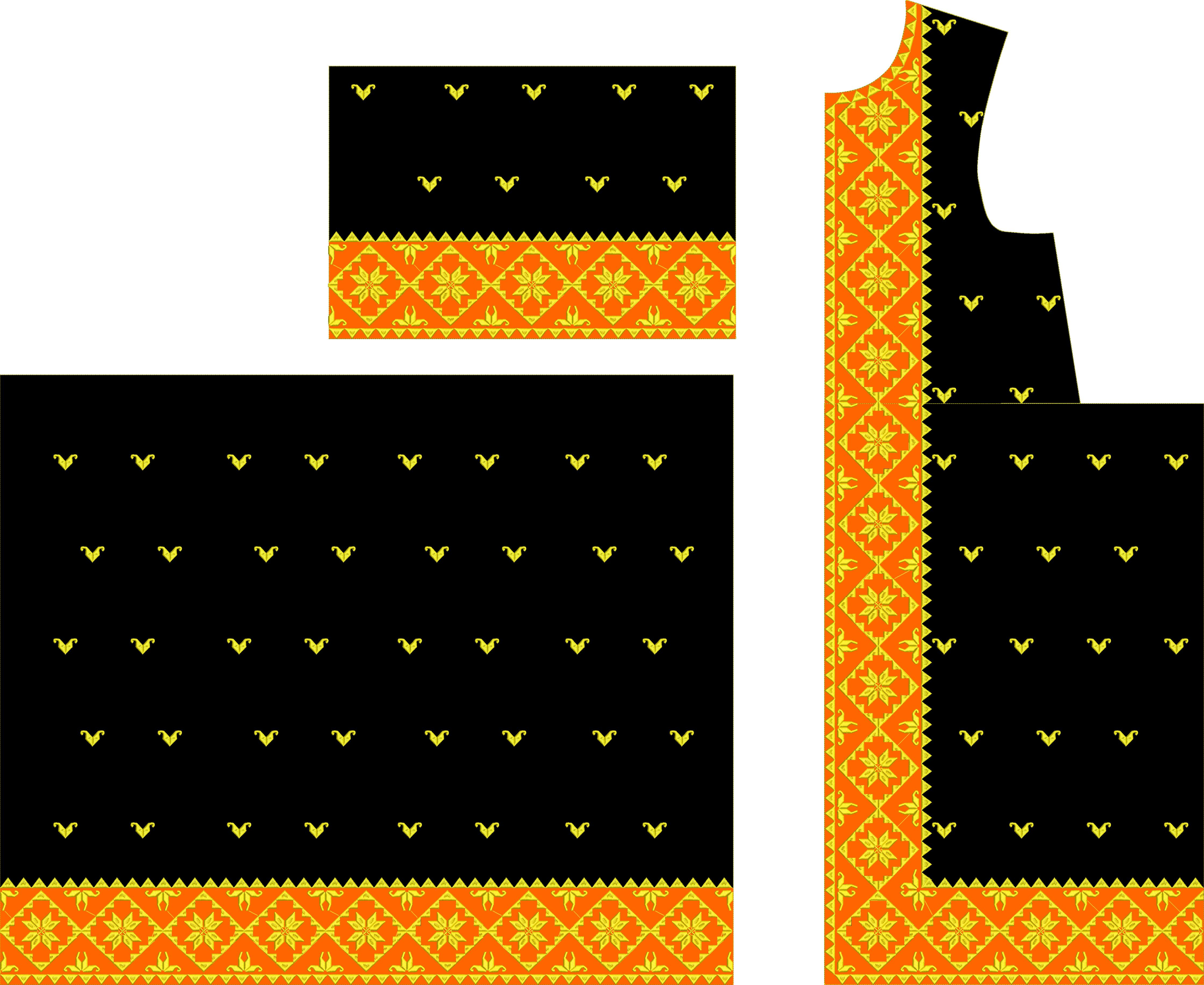 Embroidery design: Embroidery design on black fabric featuring an orange and yellow geometric and floral border, with scattered small yello