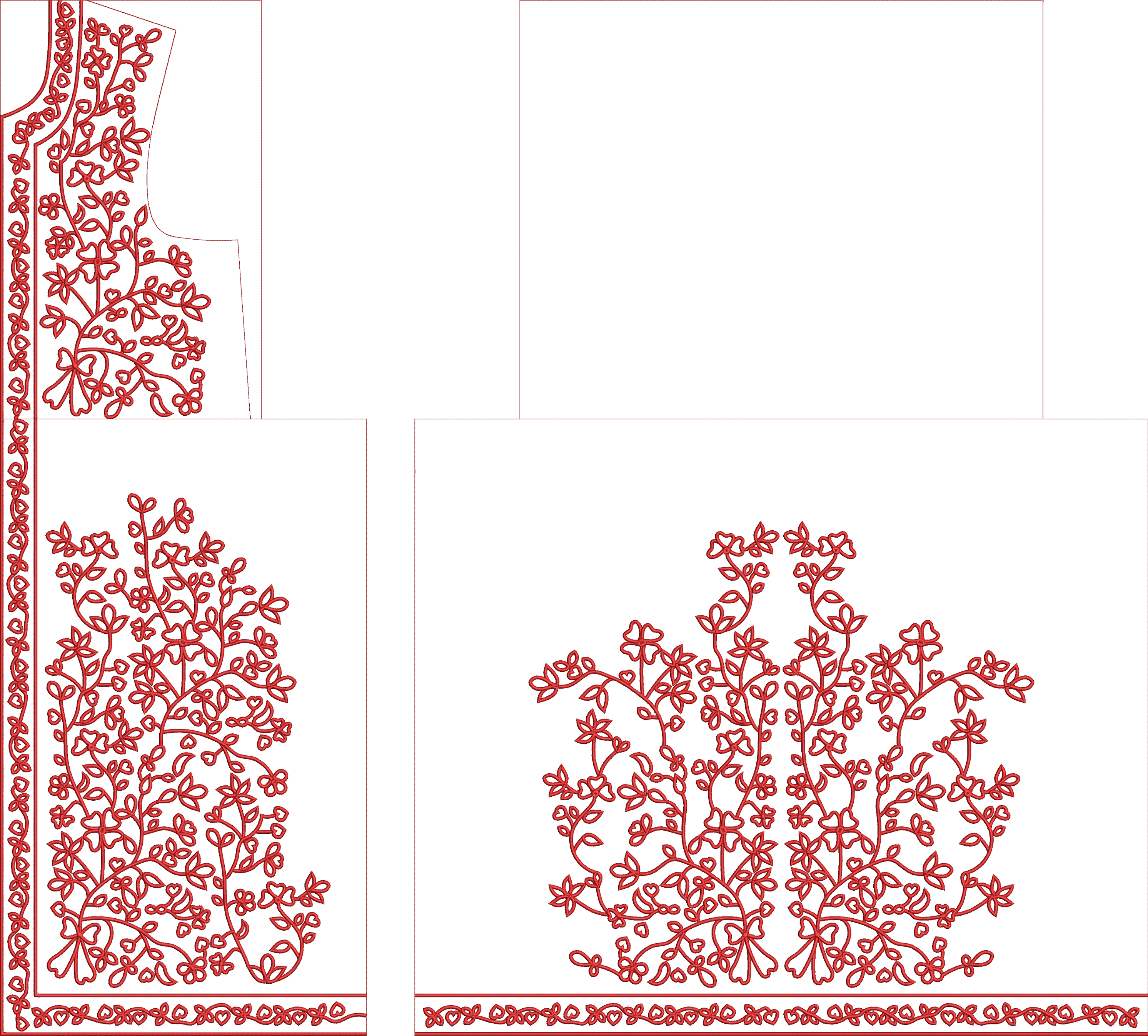 Embroidery design: An embroidery design featuring a red floral and vine pattern with leaves and flowers, suitable for a neckline or as a de