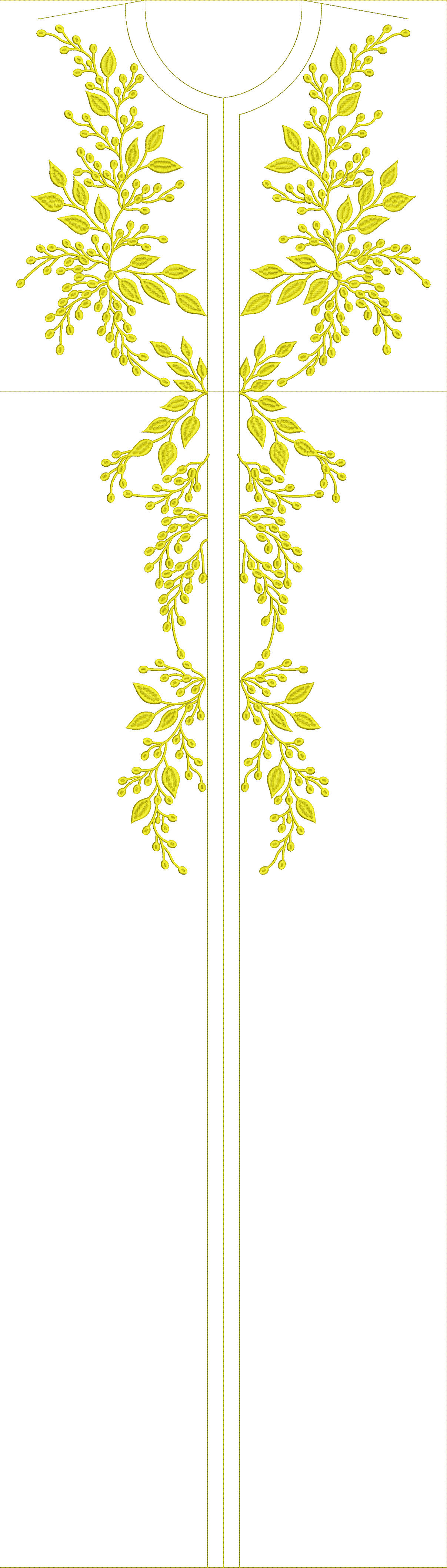 Embroidery design: A yellow embroidery design featuring a symmetrical, mirrored pattern of vines with leaves and small berries, suitable fo