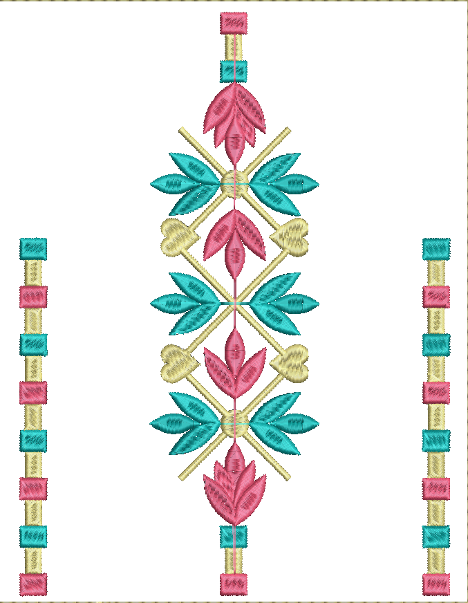 Embroidery design: A symmetrical embroidery design featuring a central ornamental panel with alternating pink and teal leaf-like shapes, ac