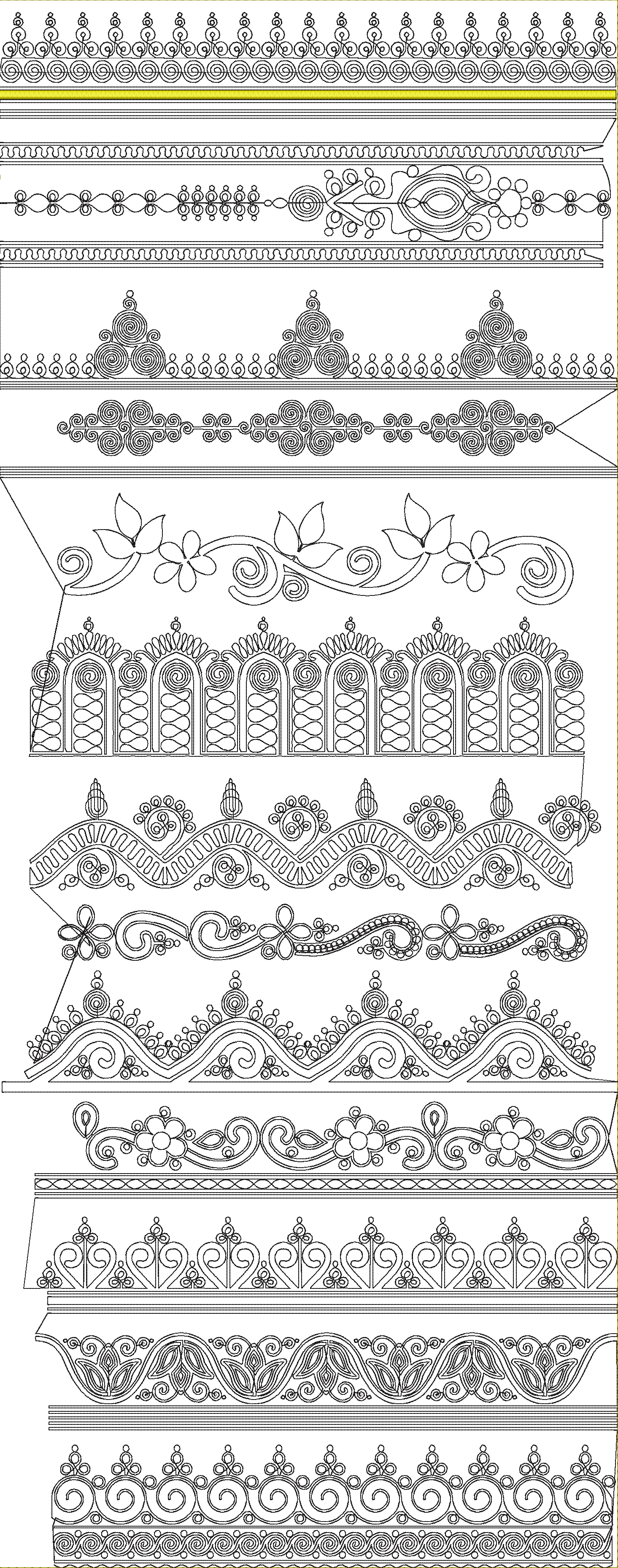 Embroidery design: A collection of various repeating border embroidery designs featuring ornamental, floral, geometric, and scrollwork patt