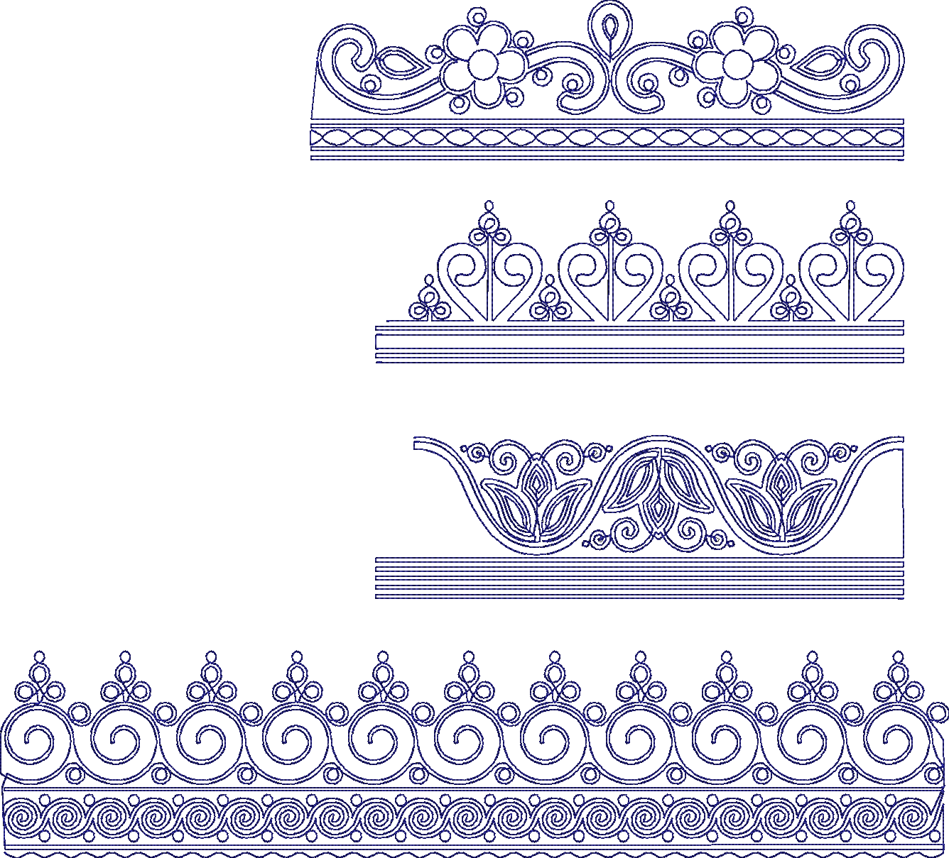 Embroidery design: A collection of four decorative embroidery borders. The top border features flowers and scrollwork. The second border re