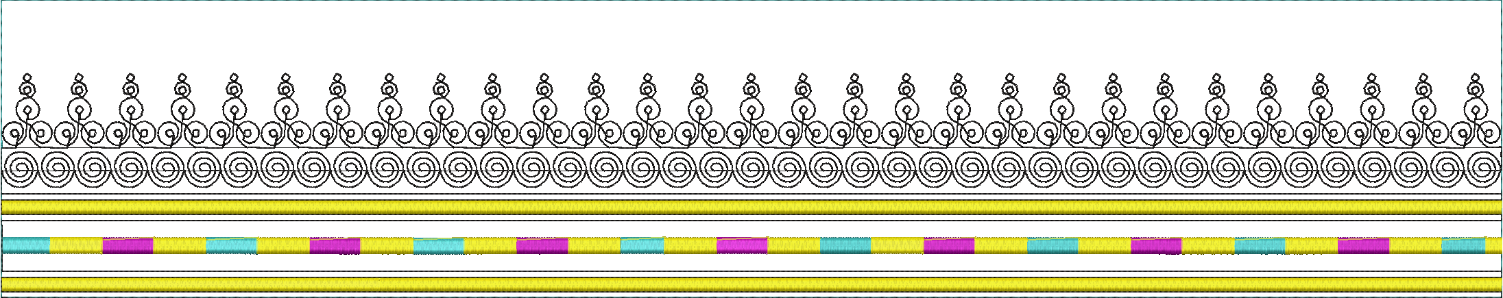 Embroidery design: A decorative embroidery border with repeating black scrollwork and diamond motifs above horizontal bands of yellow, teal