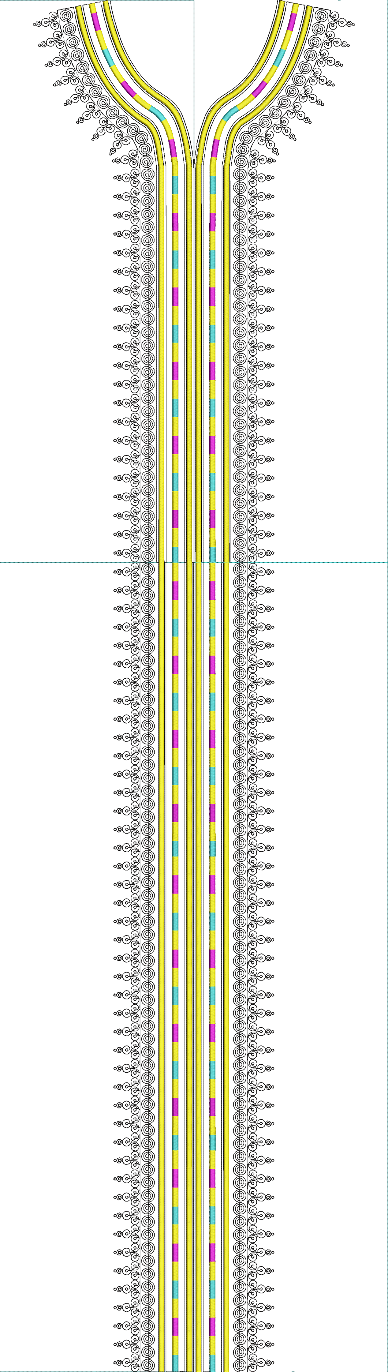 Embroidery design: A symmetrical embroidery design for a neckline, featuring a central vertical panel of yellow, pink, and turquoise stripe