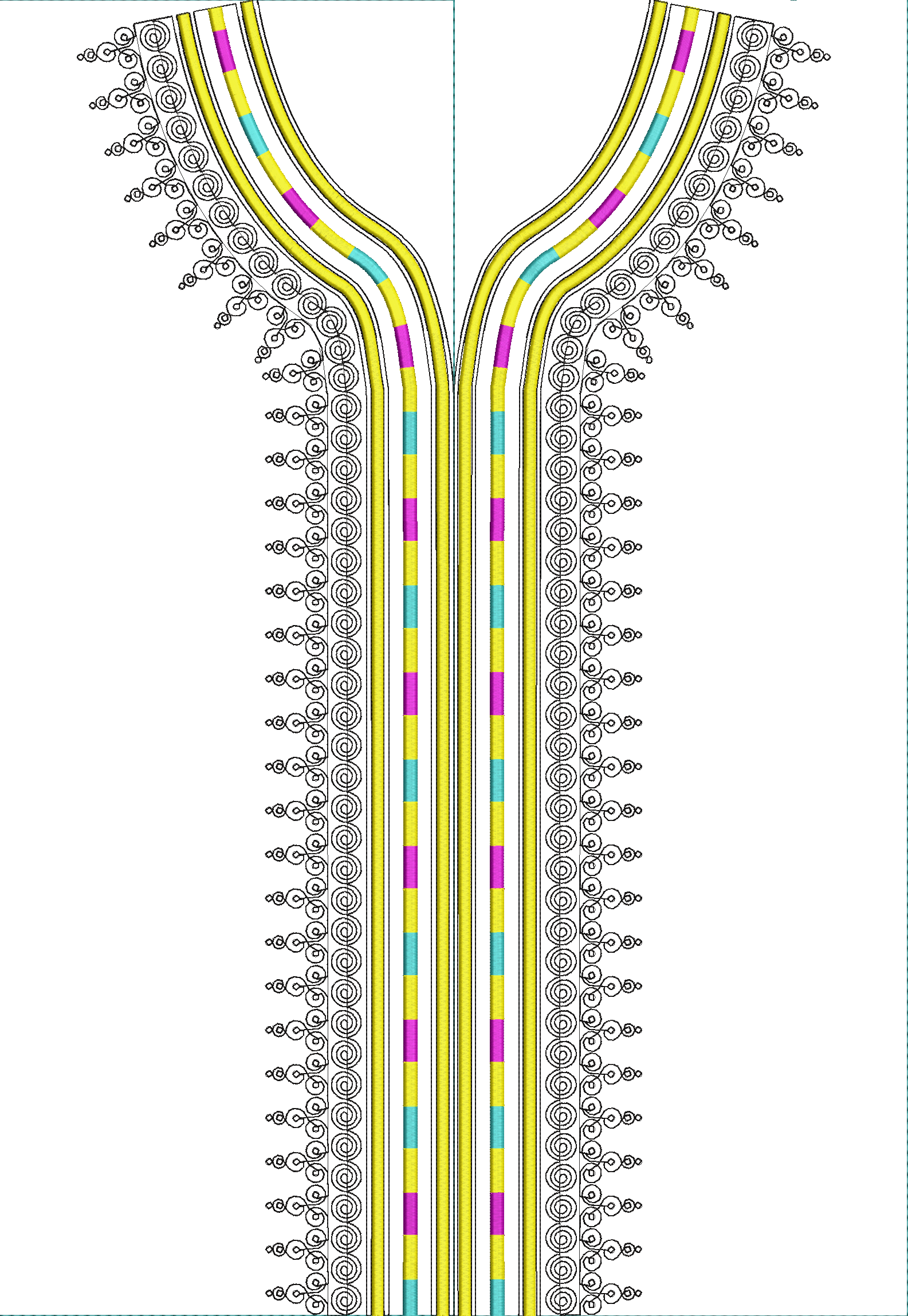 Embroidery design: A decorative neckline embroidery design featuring black scrollwork on the sides and a central striped pattern in yellow,