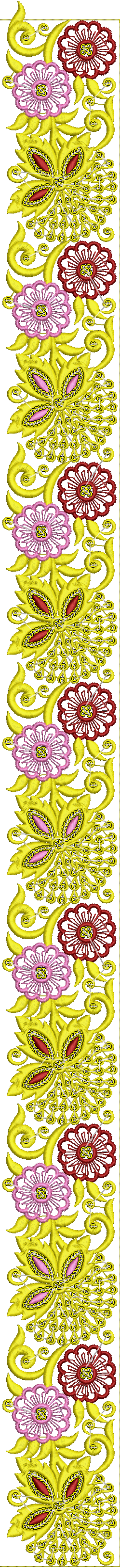 Embroidery design: A vertical embroidery border featuring repeating yellow scrollwork with pink and red floral motifs, designed in a tradit