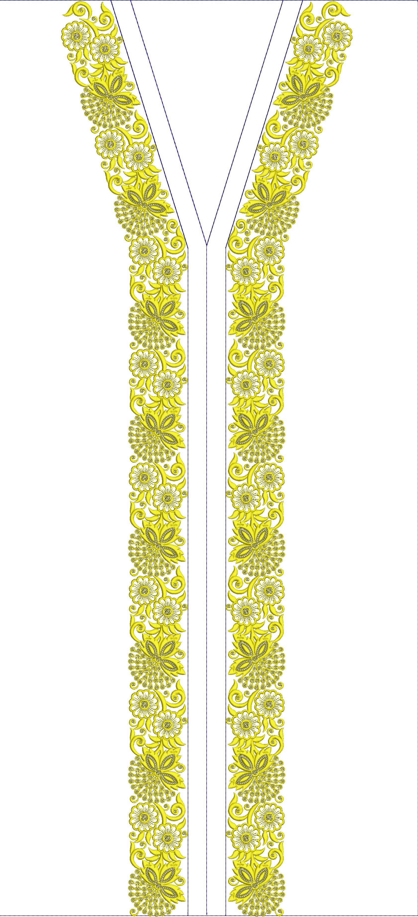 Embroidery design: A yellow floral ornamental embroidery design featuring repeating flowers, leaves, and scrollwork, forming a dense vertic