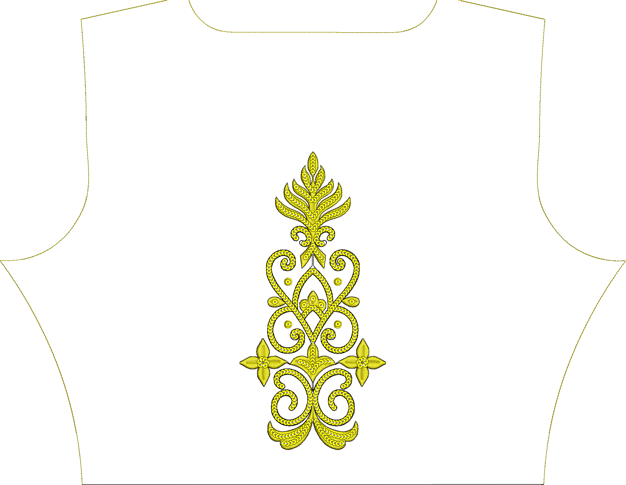 Embroidery design: A yellow ornamental embroidery design featuring symmetrical scrollwork and botanical motifs with leaf and foliage elemen