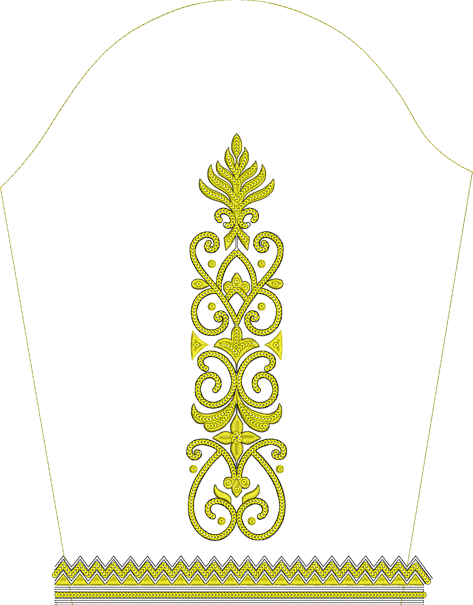 Embroidery design: A vertical ornamental embroidery design in yellow with intricate scrollwork and a decorative geometric border at the bot