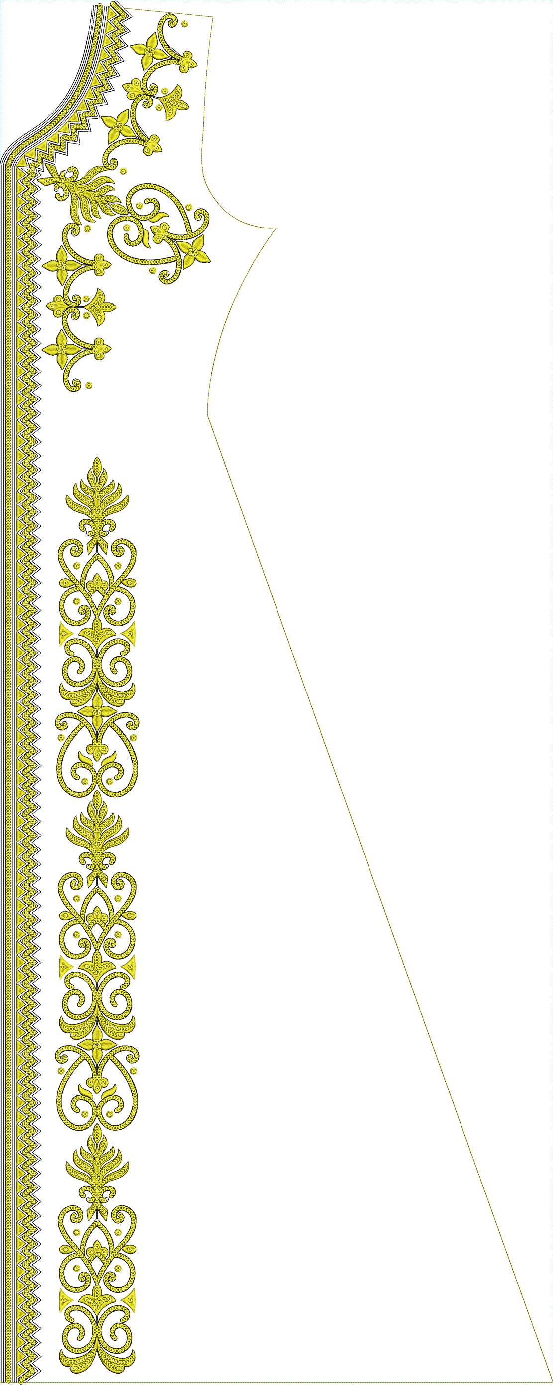 Embroidery design: An ornamental and traditional embroidery design featuring a vertical border with repeating golden yellow motifs of styli