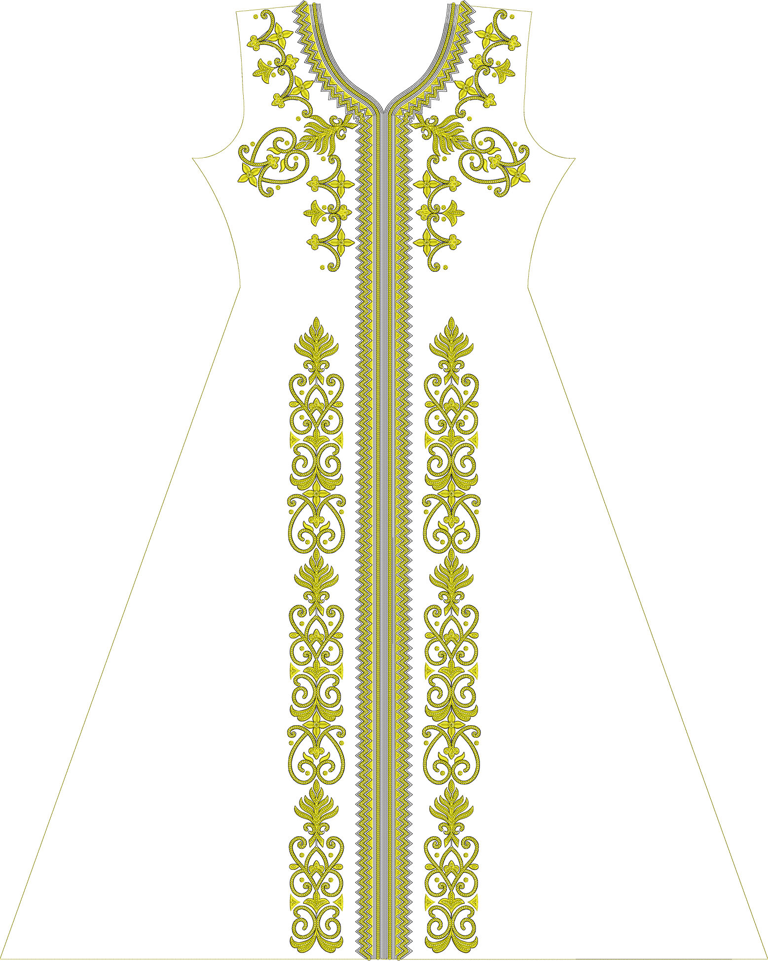 Embroidery design: A white garment with golden-yellow and grey embroidery featuring symmetrical ornamental scrollwork and leaf motifs along