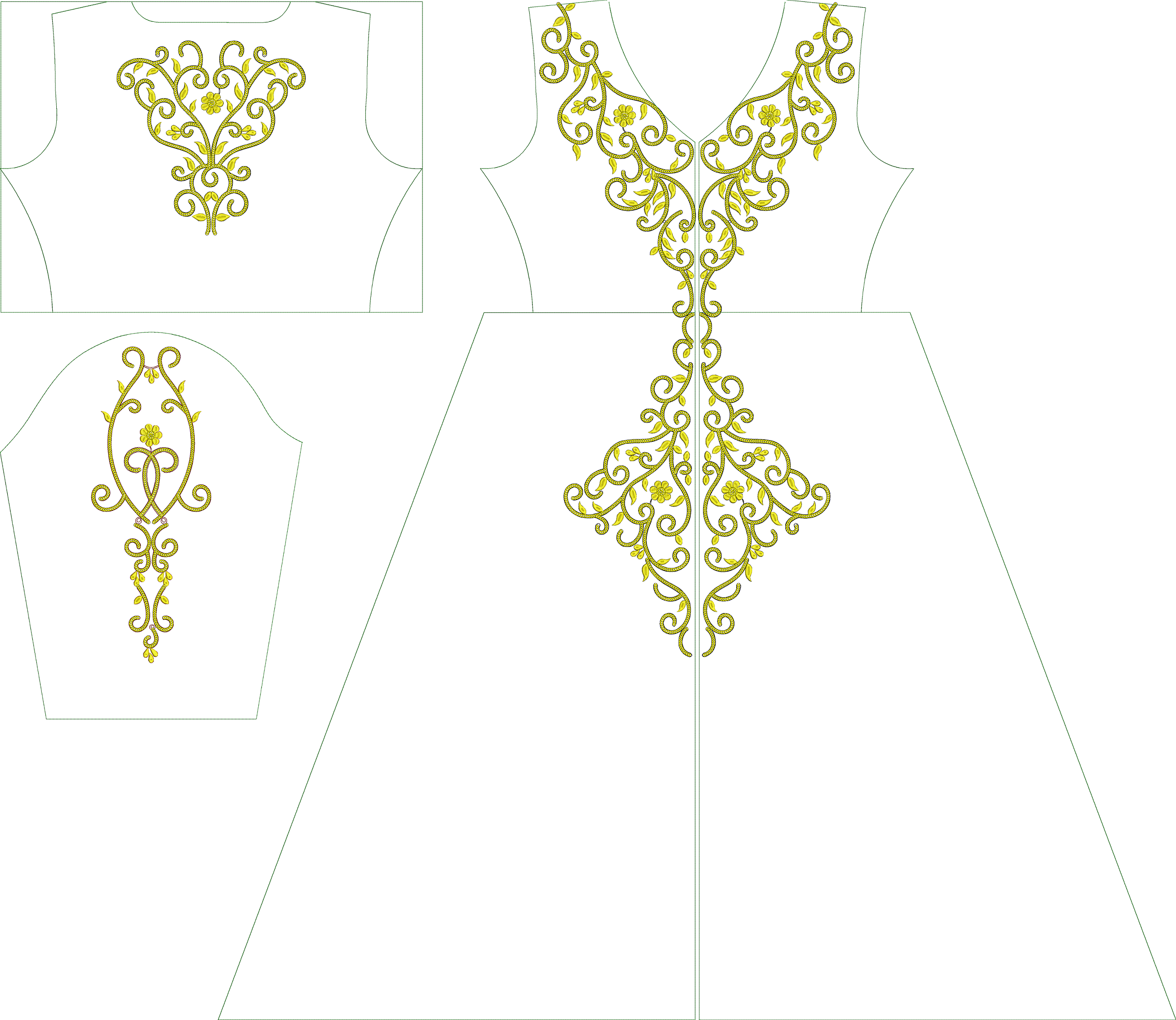 Embroidery design: A symmetrical golden yellow embroidery design featuring intricate scrollwork with floral and leaf motifs, suitable for a