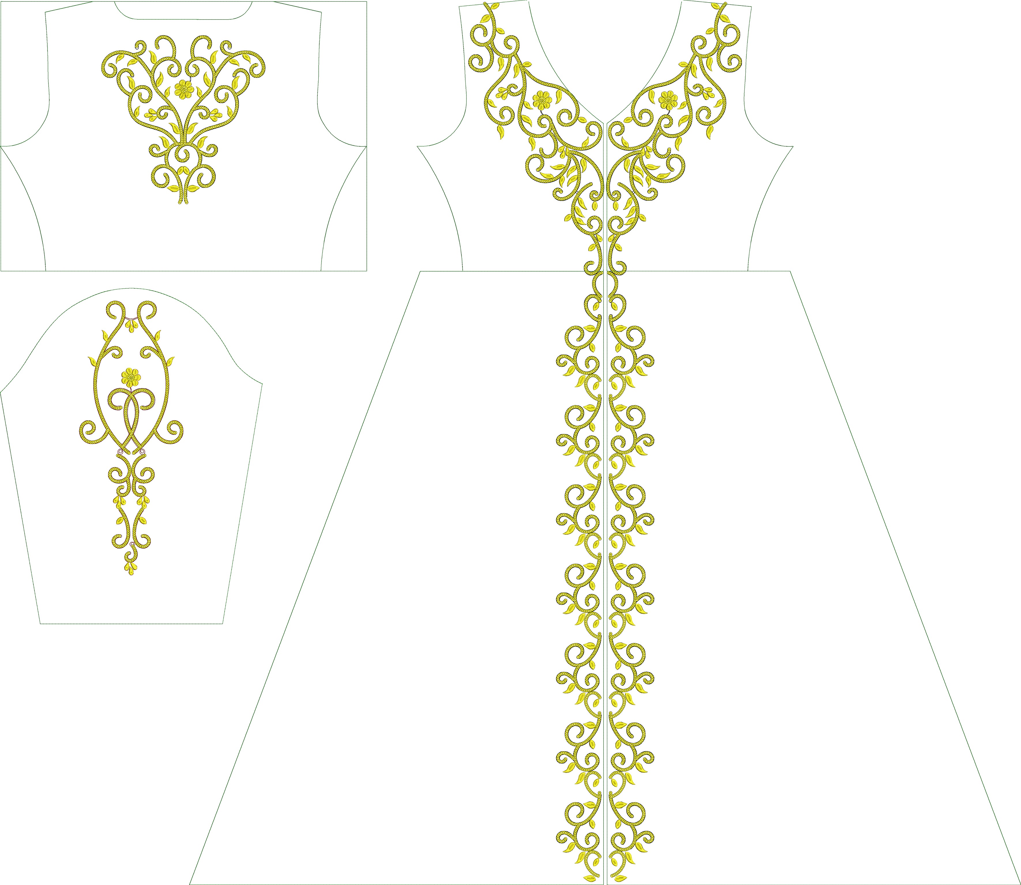 Embroidery design: A golden embroidery design featuring intricate scrollwork, floral, and leaf motifs arranged symmetrically on a neckline 