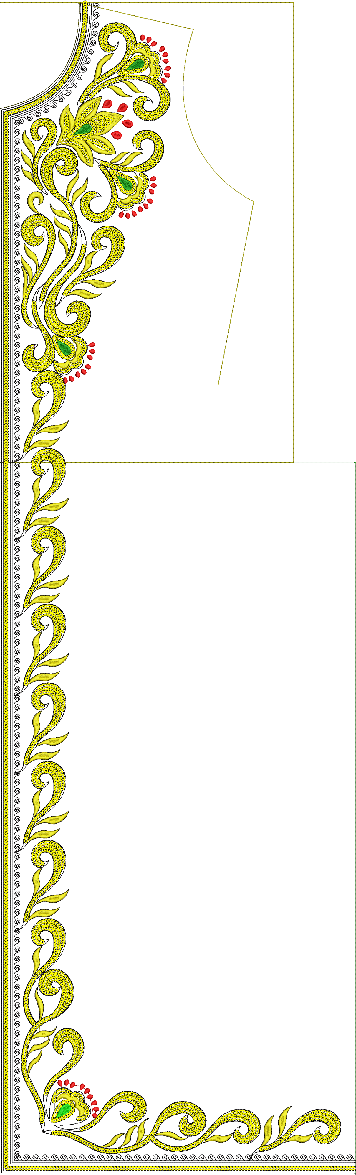 Embroidery design: An ornamental embroidery design with yellow scrollwork, leaves, and red flower accents, suitable for a border, trim, or 