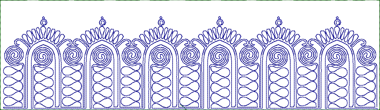 Embroidery design: A blue embroidery design featuring a repeating symmetrical border with arched motifs, scrollwork, and teardrop shapes.