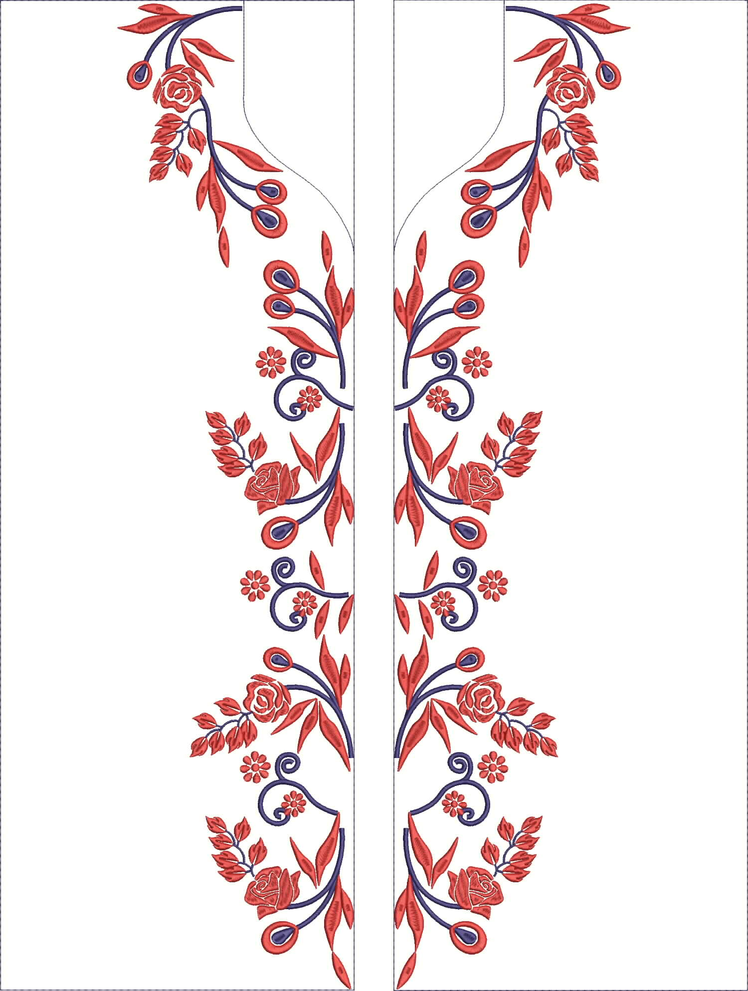 Embroidery design: A symmetrical embroidery design for a garment's neckline, featuring red floral and botanical motifs with blue vine and l