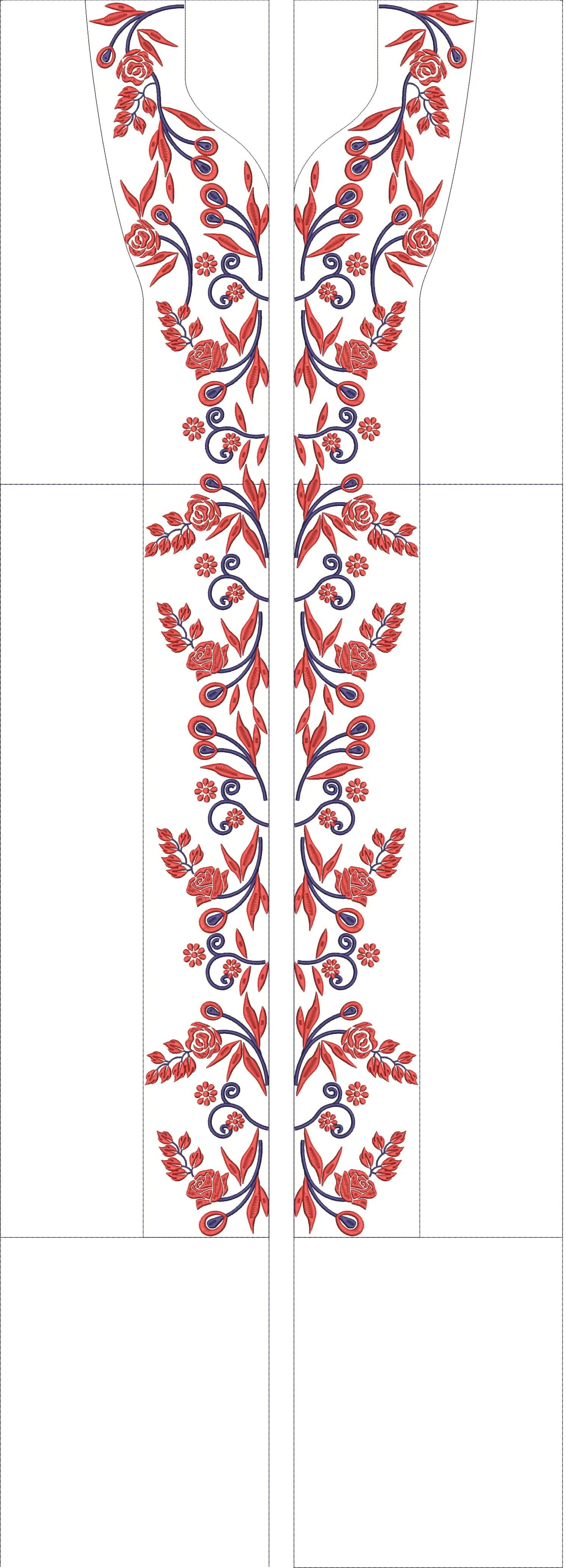 Embroidery design: A symmetrical embroidery design featuring red roses and green leaves with blue outlines, arranged in a vertical border s
