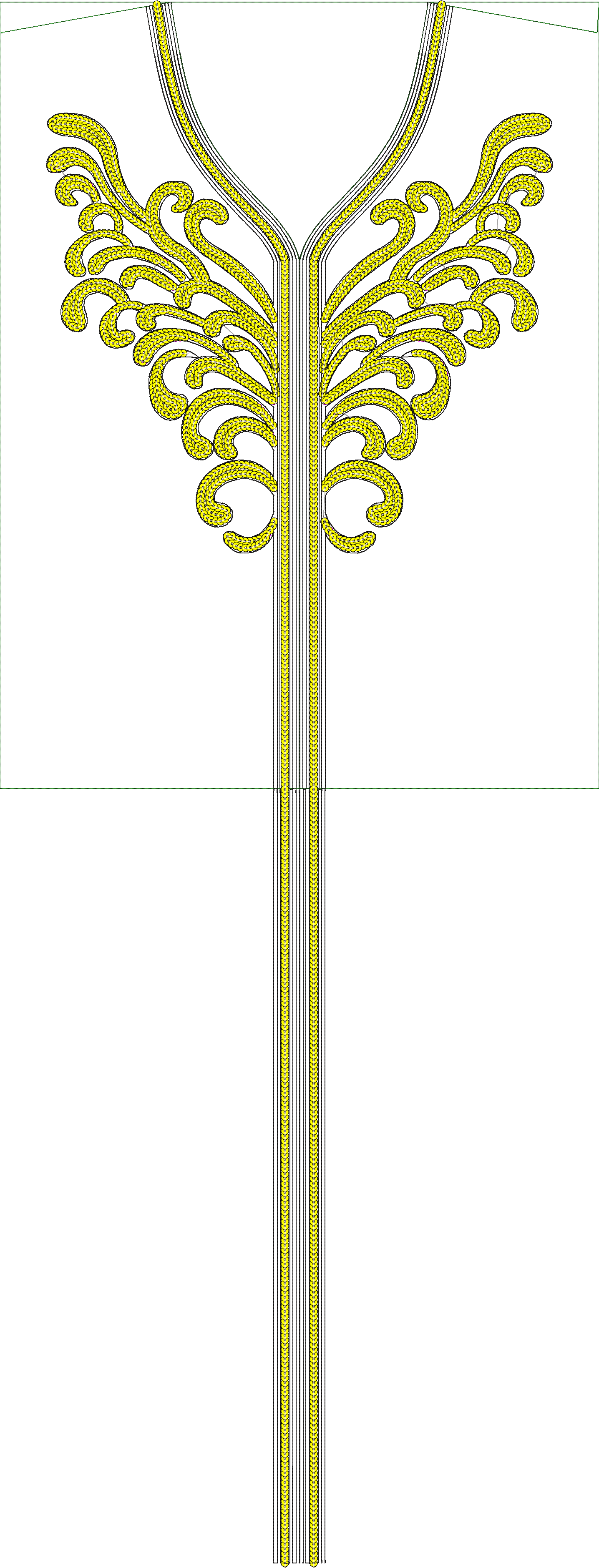 Embroidery design: A yellow and black ornamental embroidery design for a neckline, featuring symmetrical scrollwork and vine motifs on a wh