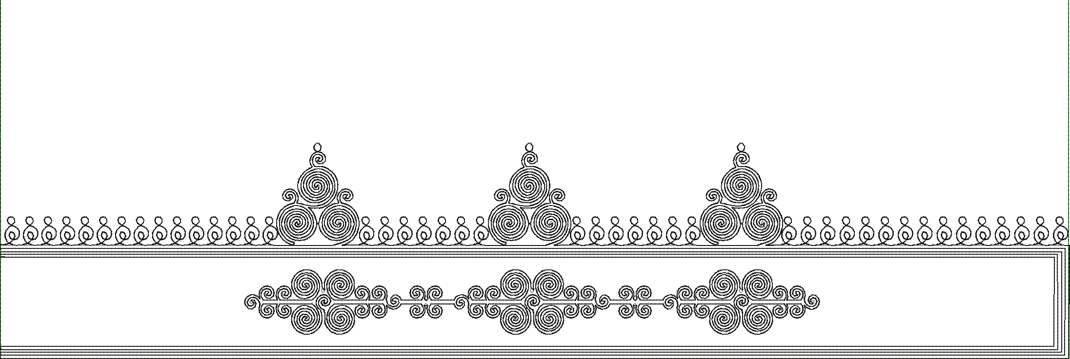 Embroidery design: A decorative black and white embroidery design featuring a symmetrical border with repeating geometric and scrollwork mo