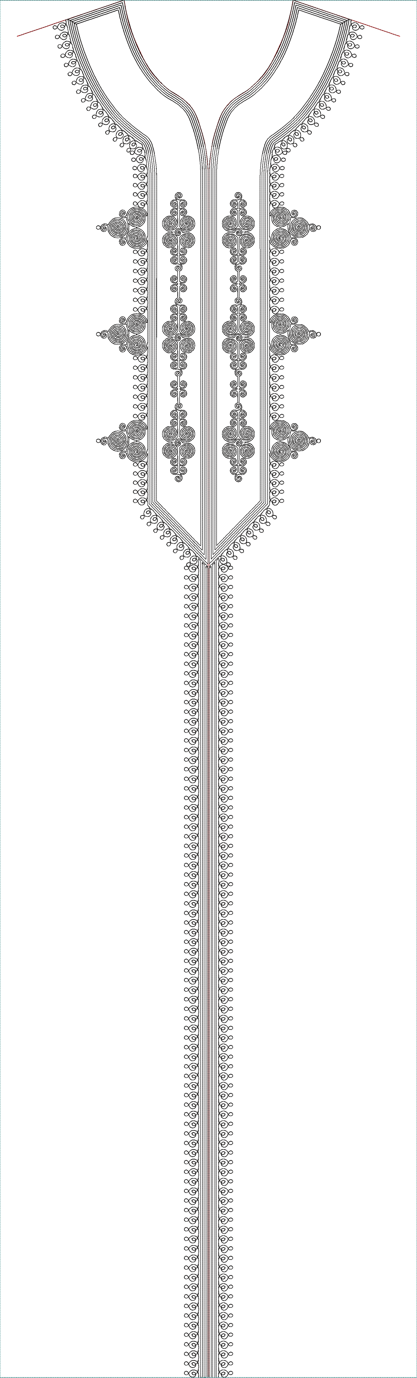 Embroidery design: An ornamental and symmetrical embroidery design for a garment neckline, featuring intricate black scrollwork and geometr