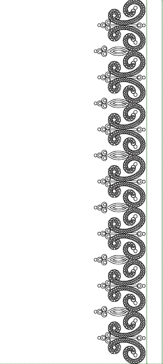Embroidery design: A black and white embroidery design featuring a decorative, repeating border with intricate scrollwork, small circular m
