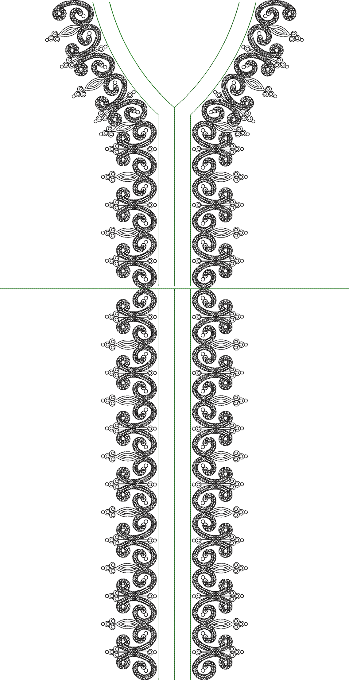 Embroidery design: An intricate black and white embroidery design featuring symmetrical scrollwork with a lace-like appearance, arranged al