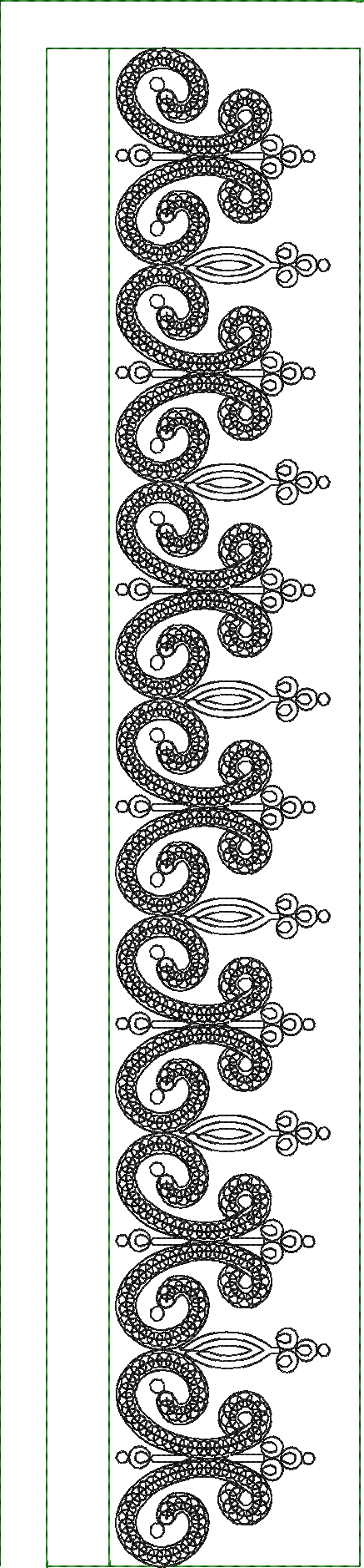 Embroidery design: A black and white embroidery design featuring a repeating, symmetrical border with ornamental scrollwork and dense, lace