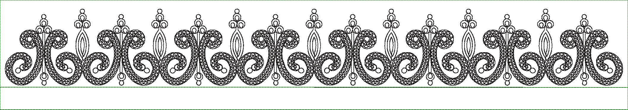 Embroidery design: A black and white embroidery design featuring a repeating ornamental border with intricate scrollwork and geometric elem