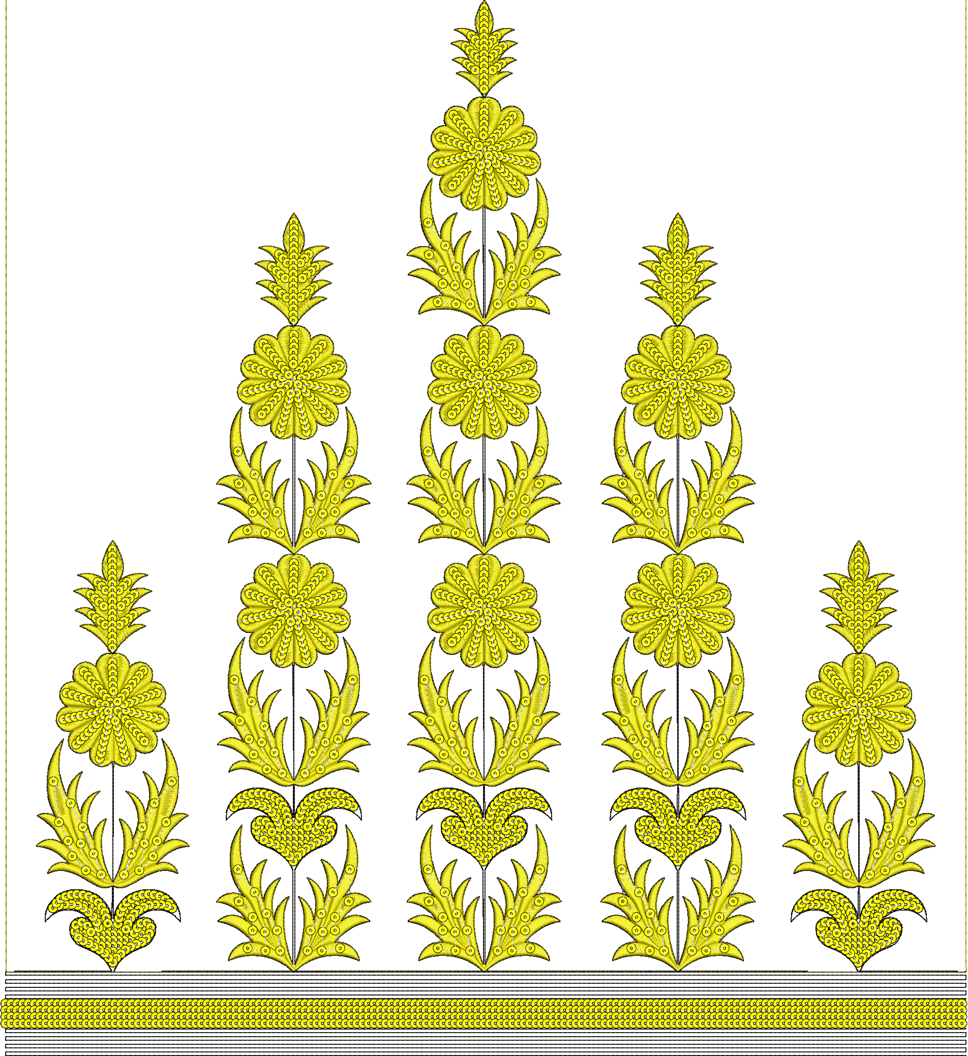 Embroidery design: A symmetrical, vertical embroidery design in yellow and black, featuring stylized floral and botanical motifs, with a de