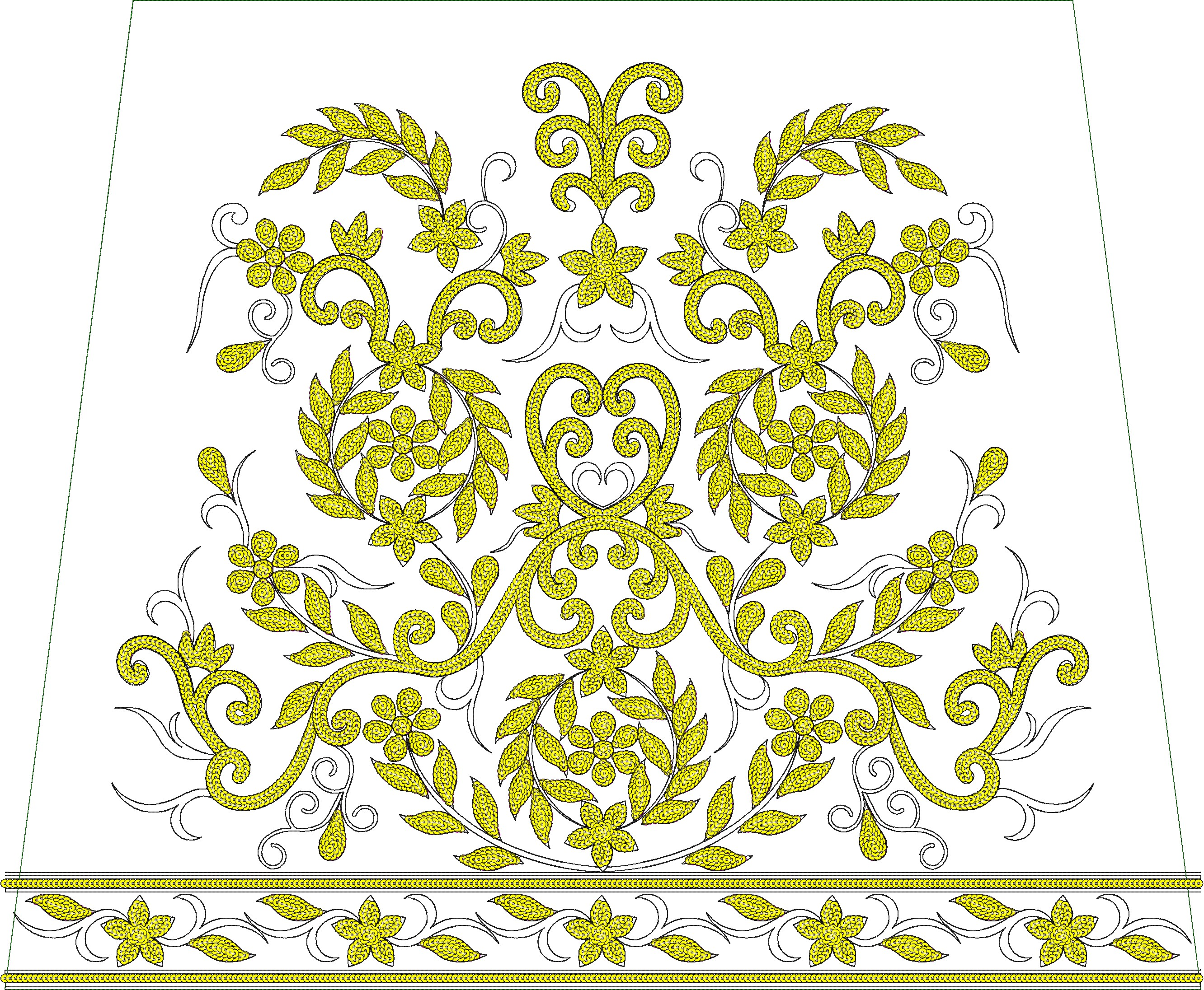 Embroidery design: A symmetrical embroidery design in yellow and white featuring a dense fill of floral and vine motifs, bordered at the bo