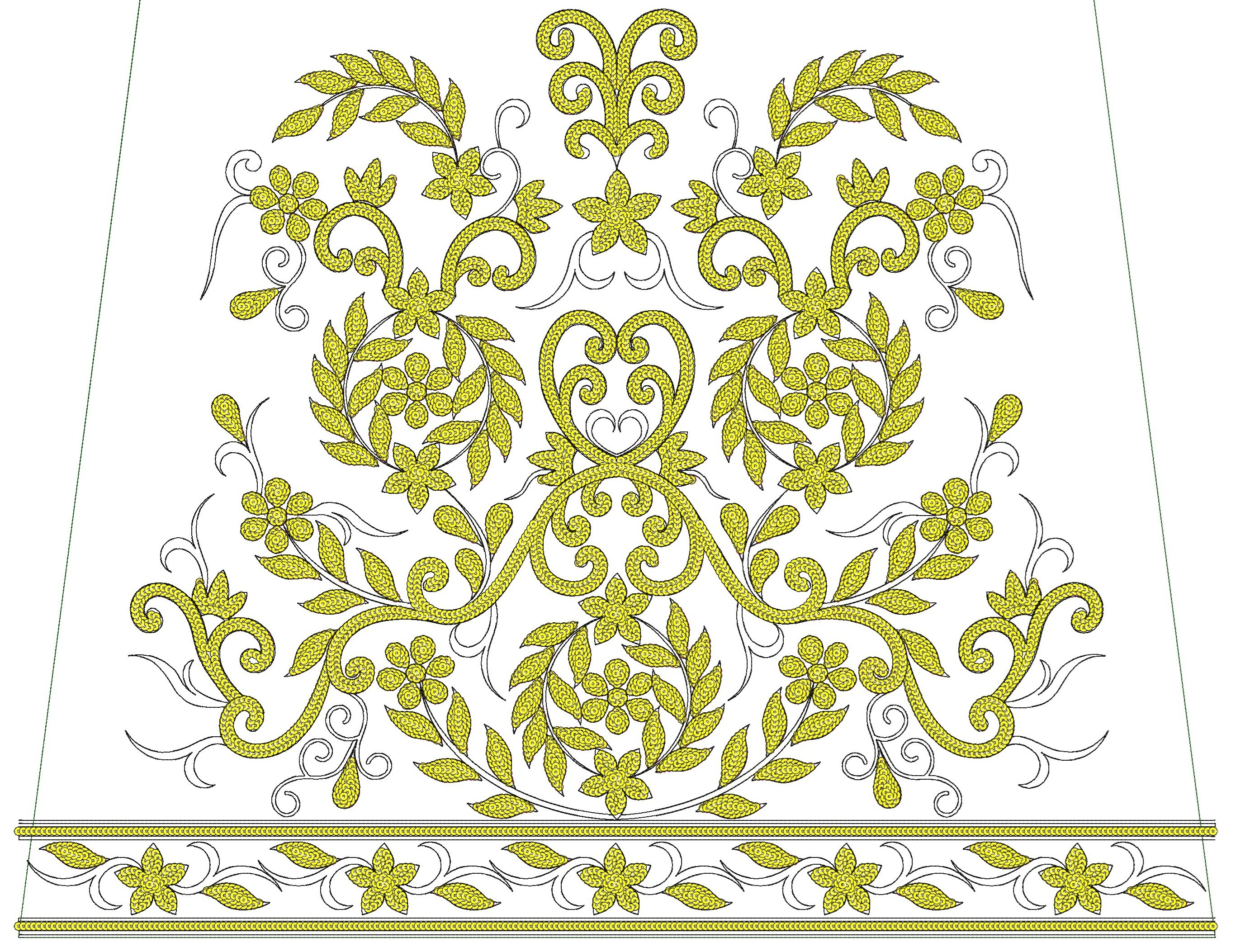 Embroidery design: A symmetrical embroidery design featuring yellow floral and vine motifs with leaves, set against a white background. It 