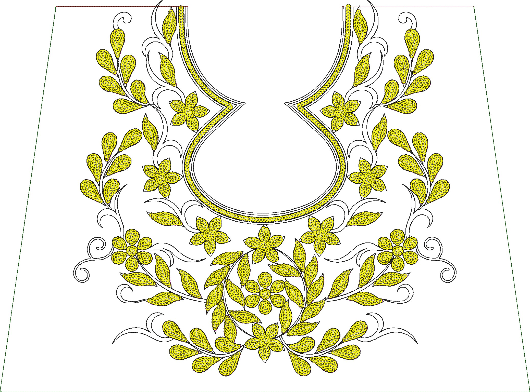 Embroidery design: A symmetrical neckline embroidery design featuring yellow flowers and leaves with black outlines.