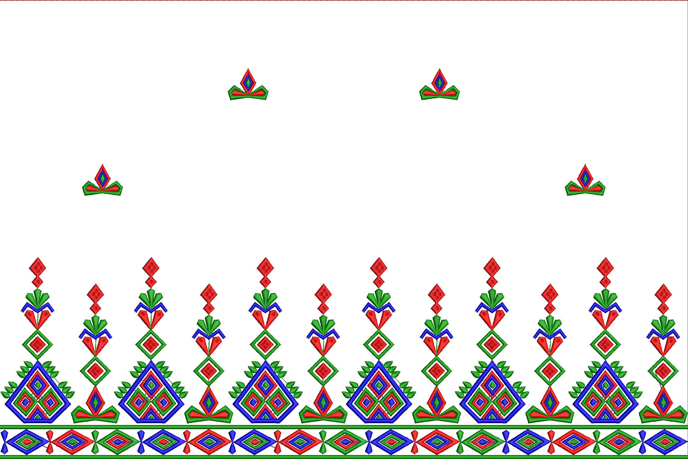 Embroidery design: A repeating, symmetrical border embroidery design with geometric motifs in red, blue, and green.